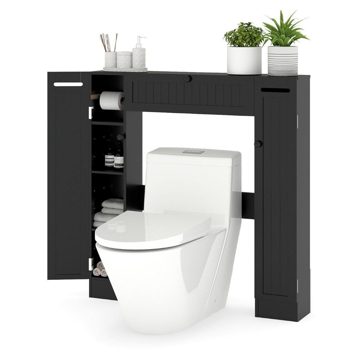 WC kohal kapp reguleeritavate riiulite ja tualettpaberi hoidjaga, must