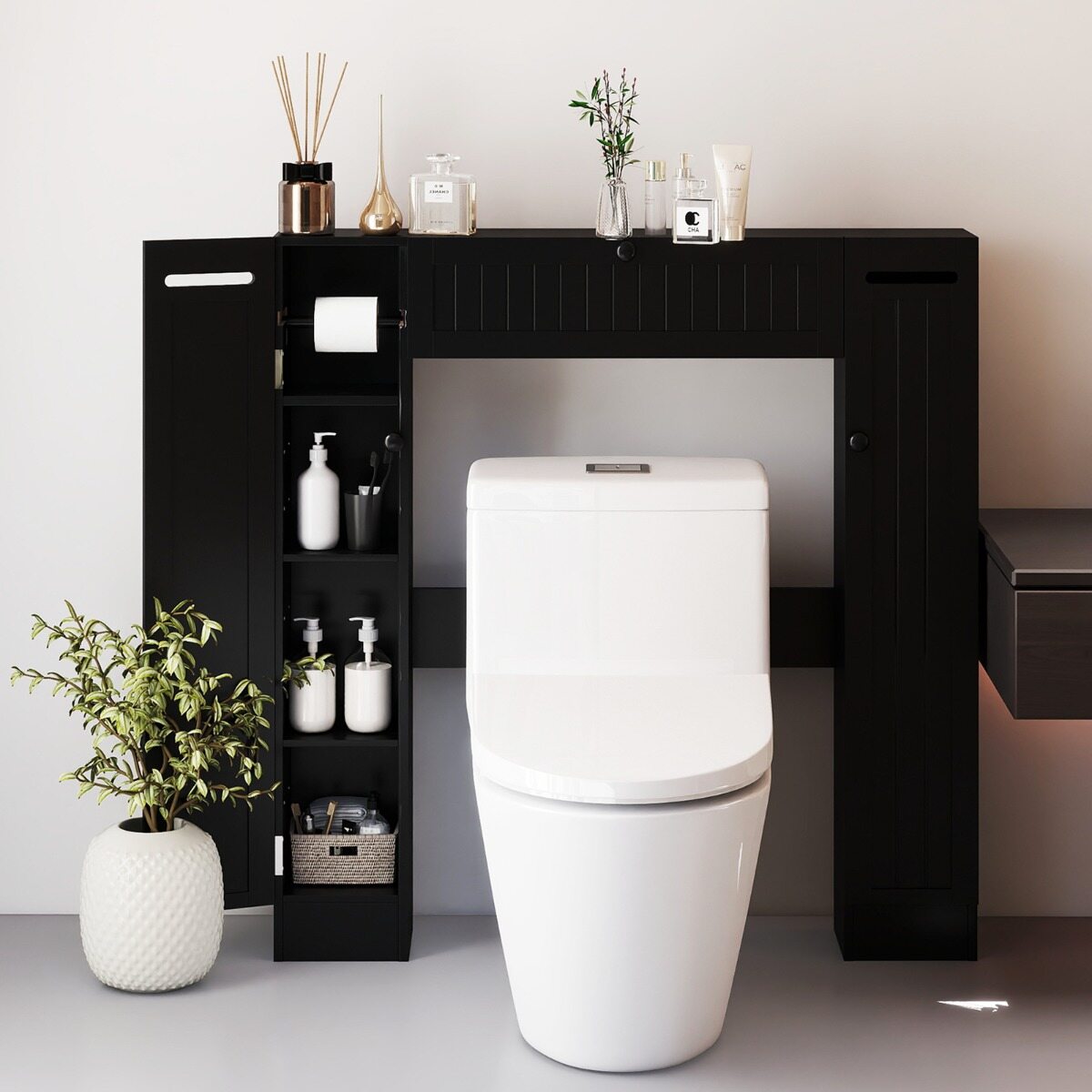 WC kohal kapp reguleeritavate riiulite ja tualettpaberi hoidjaga, must