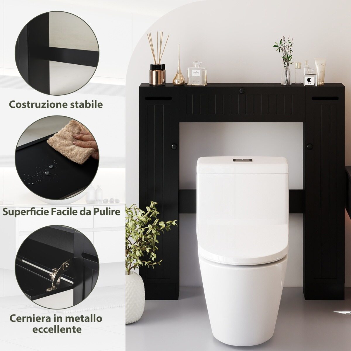 WC kohal kapp reguleeritavate riiulite ja tualettpaberi hoidjaga, must