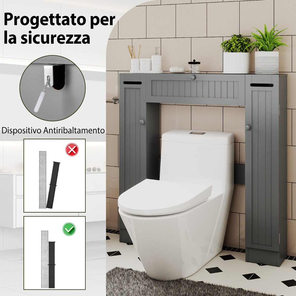 WC-kapi ülemine osa reguleeritavate riiulitega, hall