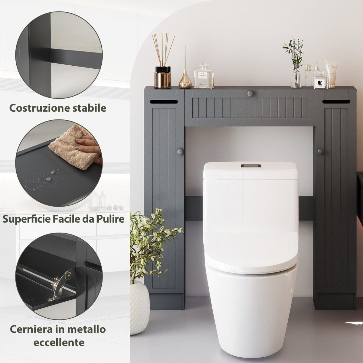WC-kapi ülemine osa reguleeritavate riiulitega, hall