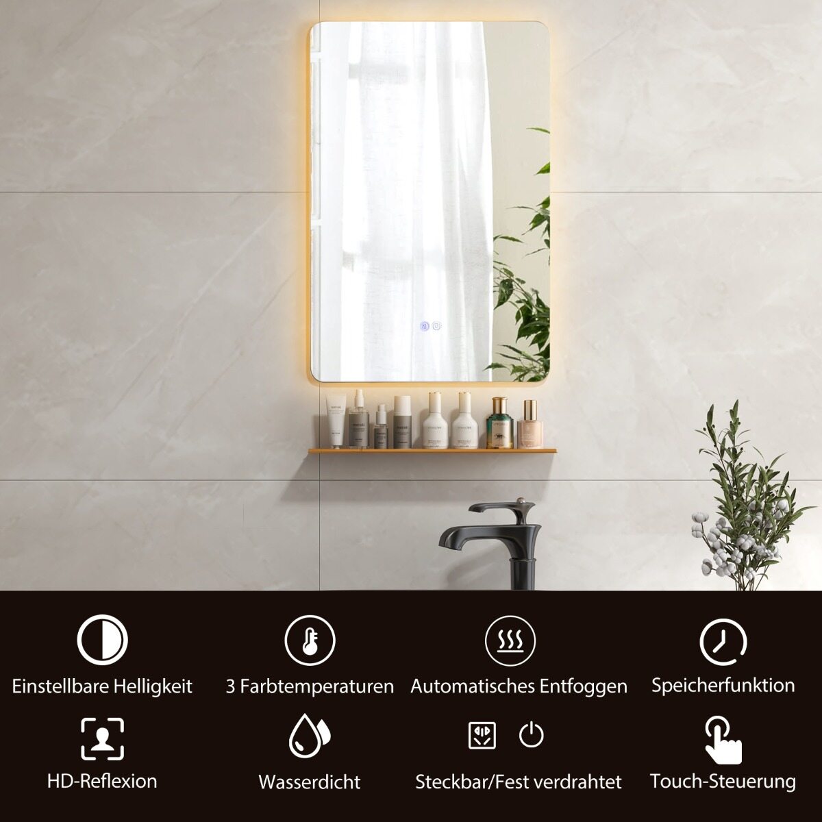 70x50cm LED Vannitoa Peegel Reguleeritava Heleduse ja 3 Värvitooniga