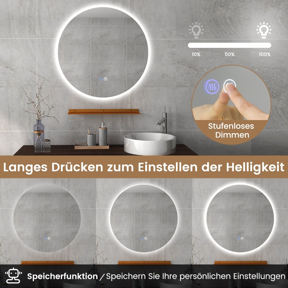 60cm LED Vannitoa Peegel 3 Värvitooni ja Reguleeritav Heledus