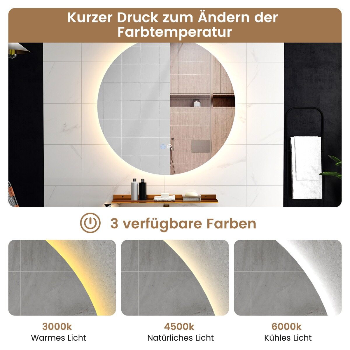 60cm LED Vannitoa Peegel 3 Värvitooni ja Reguleeritav Heledus