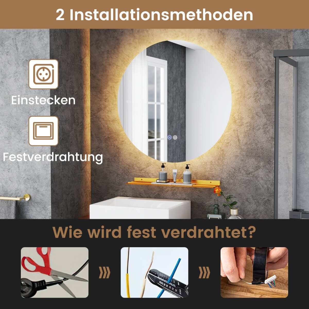 60cm LED Vannitoa Peegel 3 Värvitooni ja Reguleeritav Heledus