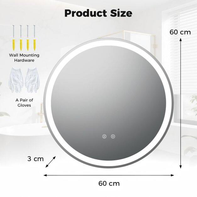 60 cm ümmargune LED vannitoapeegel hõbedane