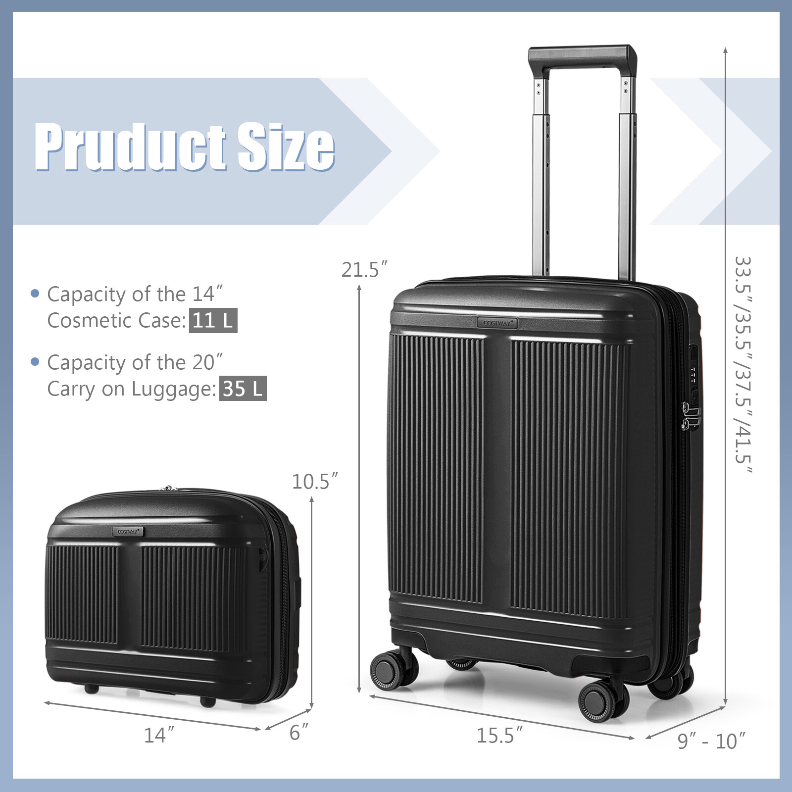 2-osaline pagasi komplekt 20″ kohver ja 14″ kosmeetikakott, must