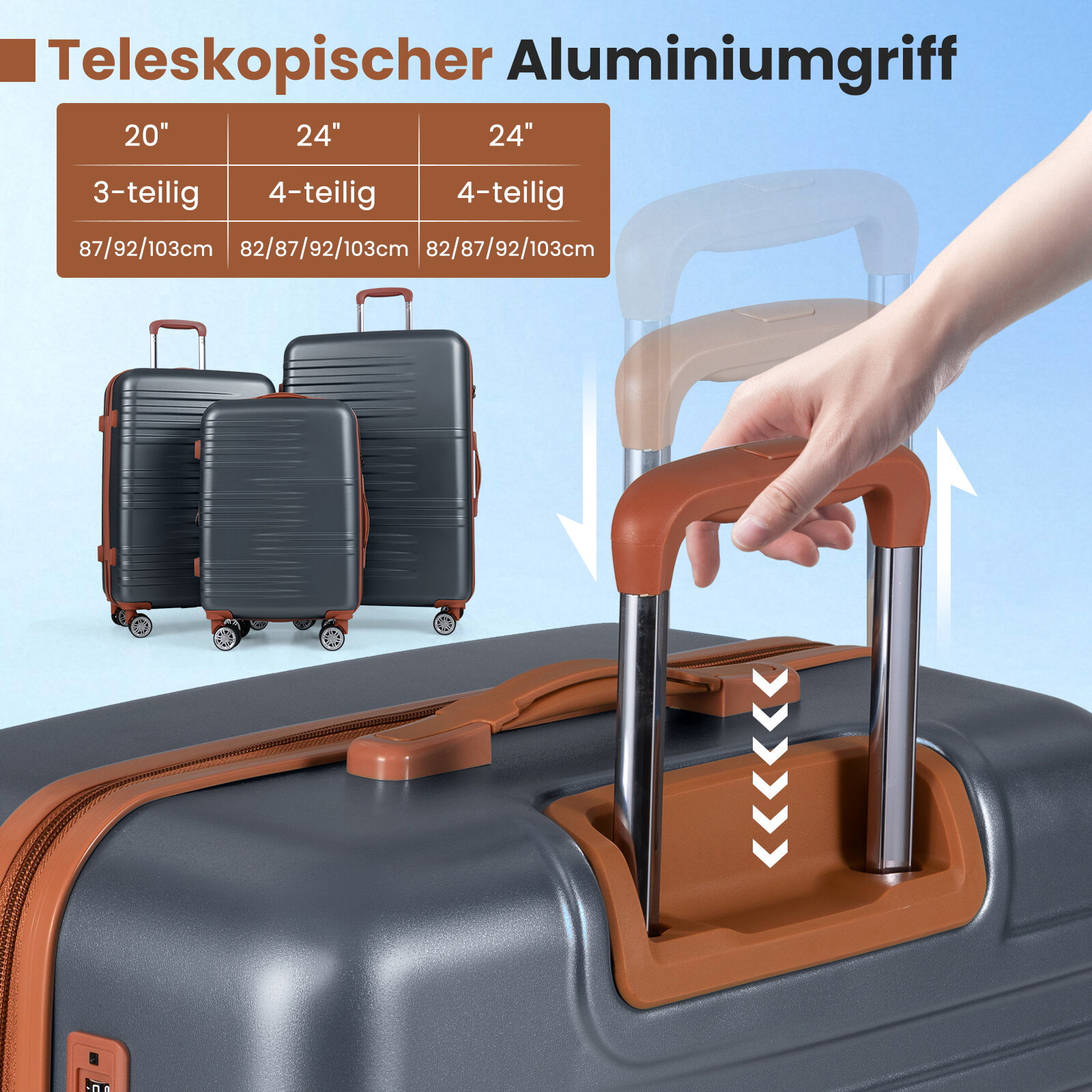 3-osaline kõvakaaneline pagasikomplekt TSA lukuga, alumiiniumkäepide, hall