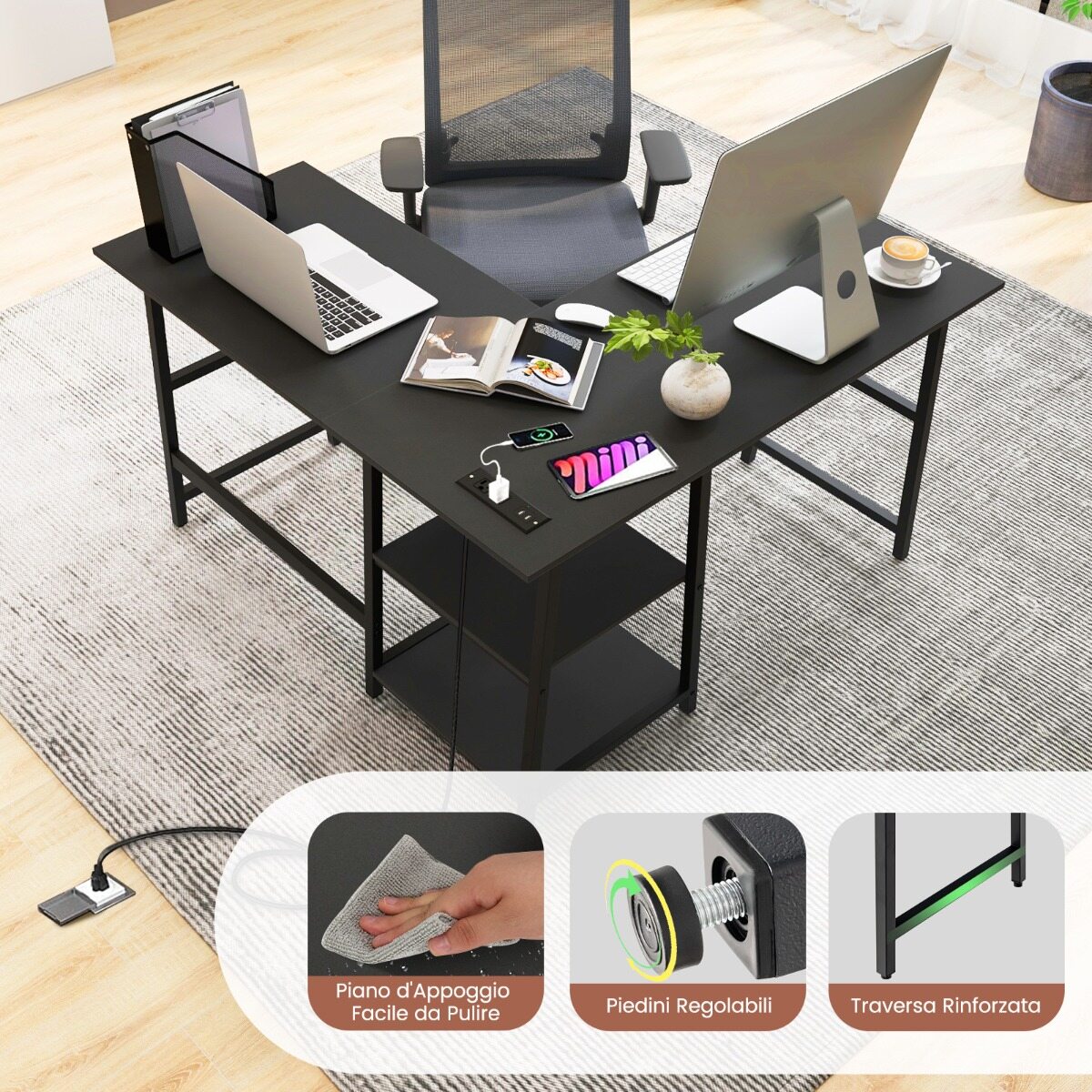 L-kujuline nurgalaud pistikute ja USB-ga 120×120 cm must