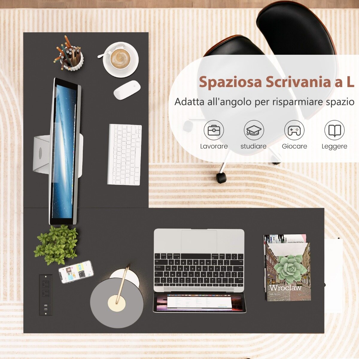 L-kujuline nurgalaud pistikute ja USB-ga 120×120 cm must