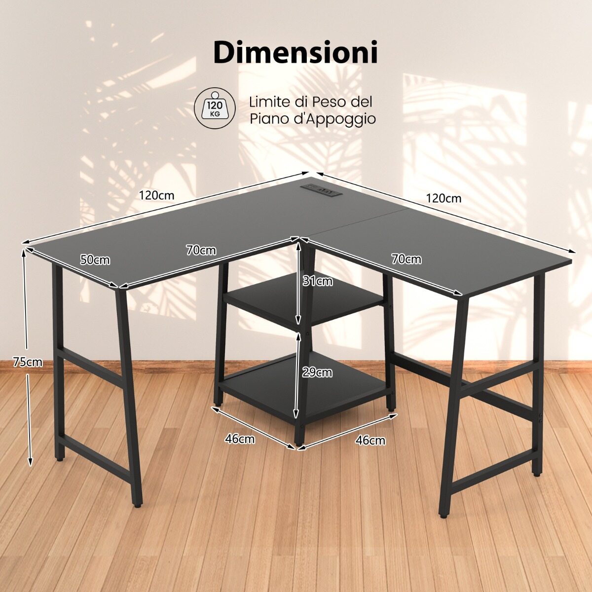 L-kujuline nurgalaud pistikute ja USB-ga 120×120 cm must