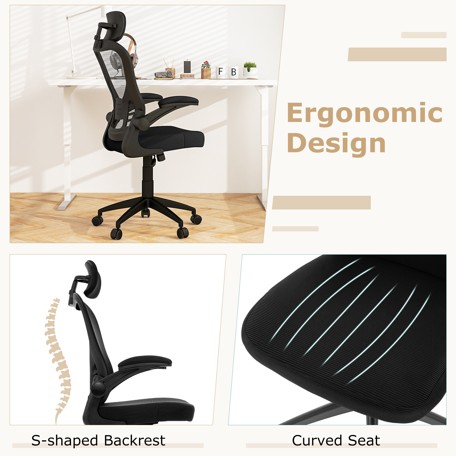 Ergonoomiline võrgust kontoritool, reguleeritav kõrgus, must