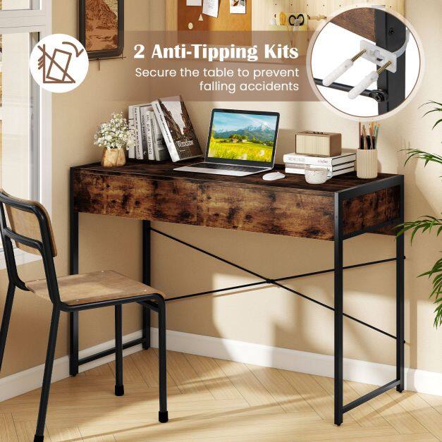 Arvutilaud 2 sahtliga, metallraam, Rustic Brown