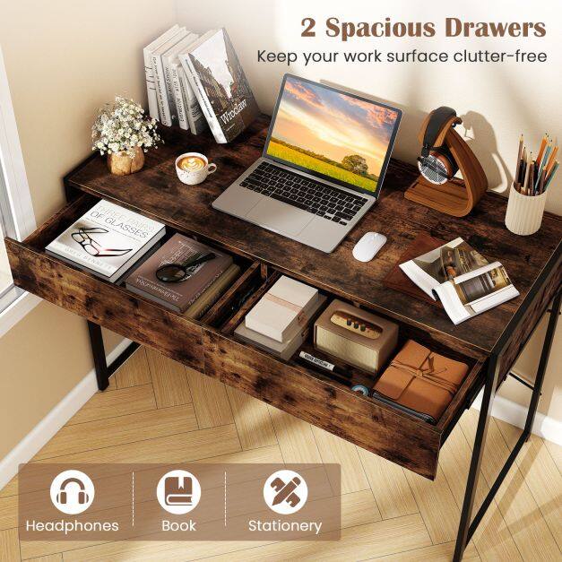 Arvutilaud 2 sahtliga, metallraam, Rustic Brown