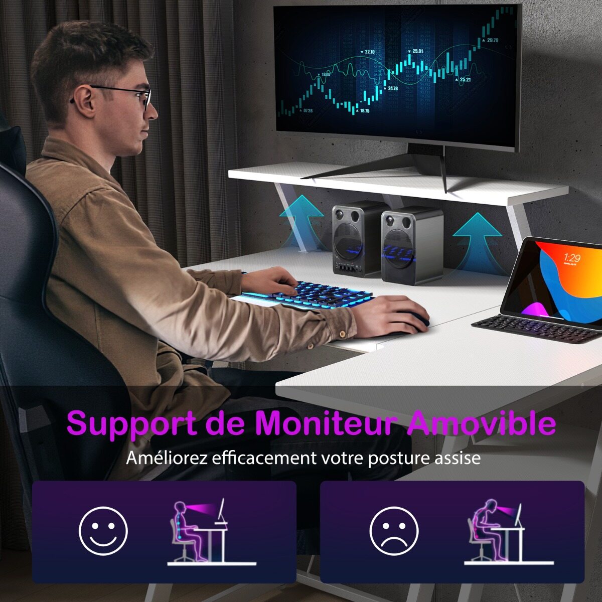 L-kujuline mängulaud toitepistikute ja USB-portidega, monitorialusega, valge