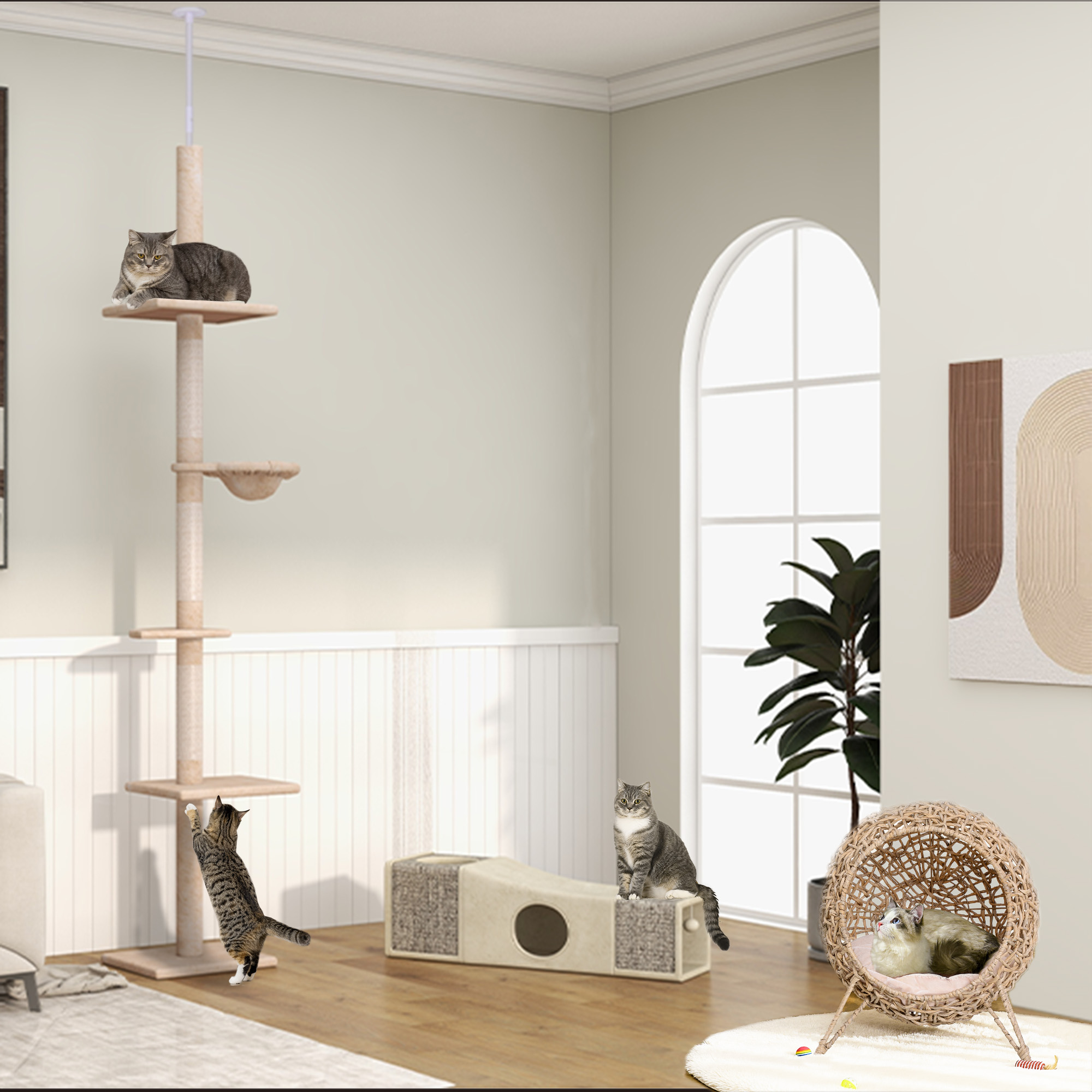 Kaabits puu laest põrandani, reguleeritava kõrgusega, beež, 40 x 34 x 230–260 cm