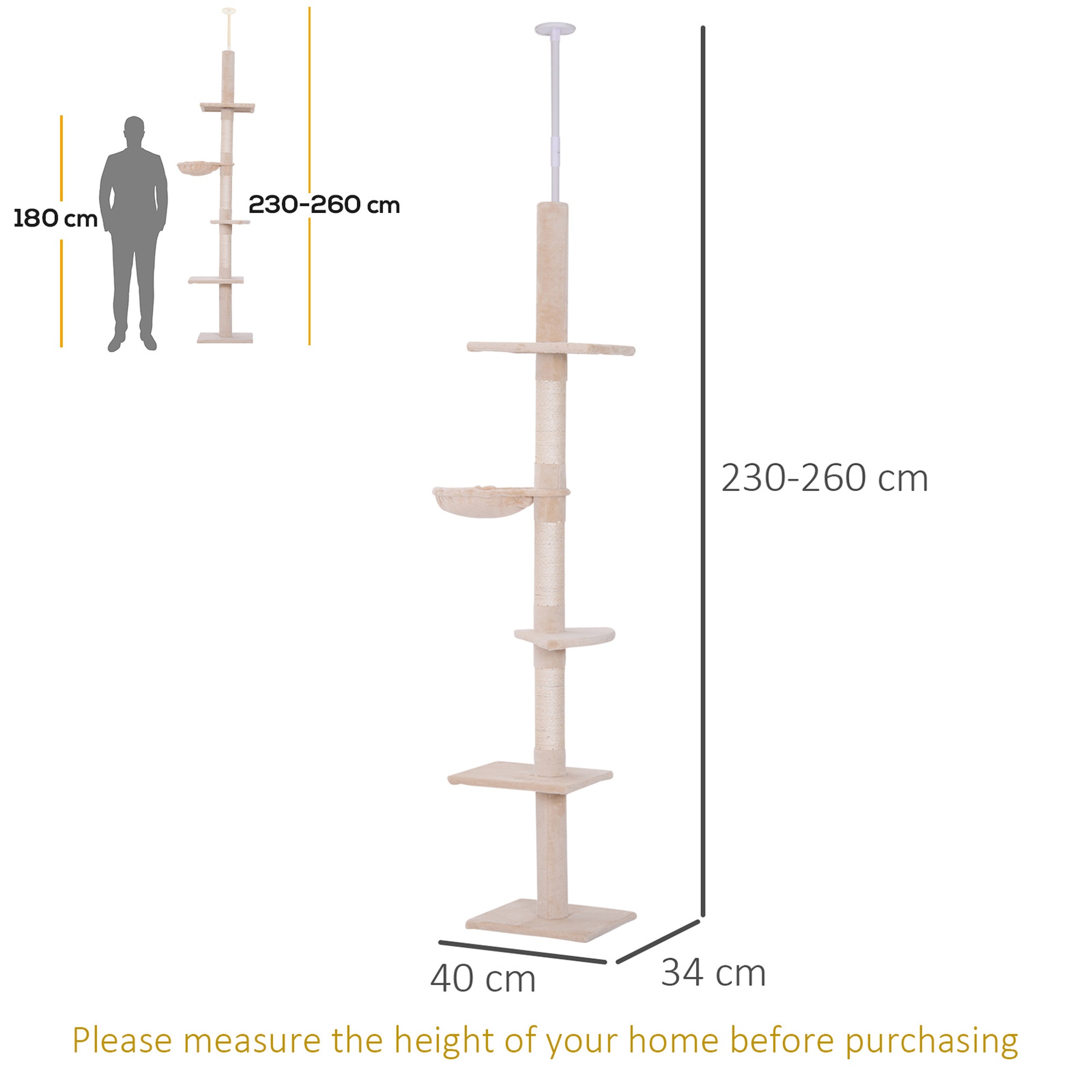 Kaabits puu laest põrandani, reguleeritava kõrgusega, beež, 40 x 34 x 230–260 cm