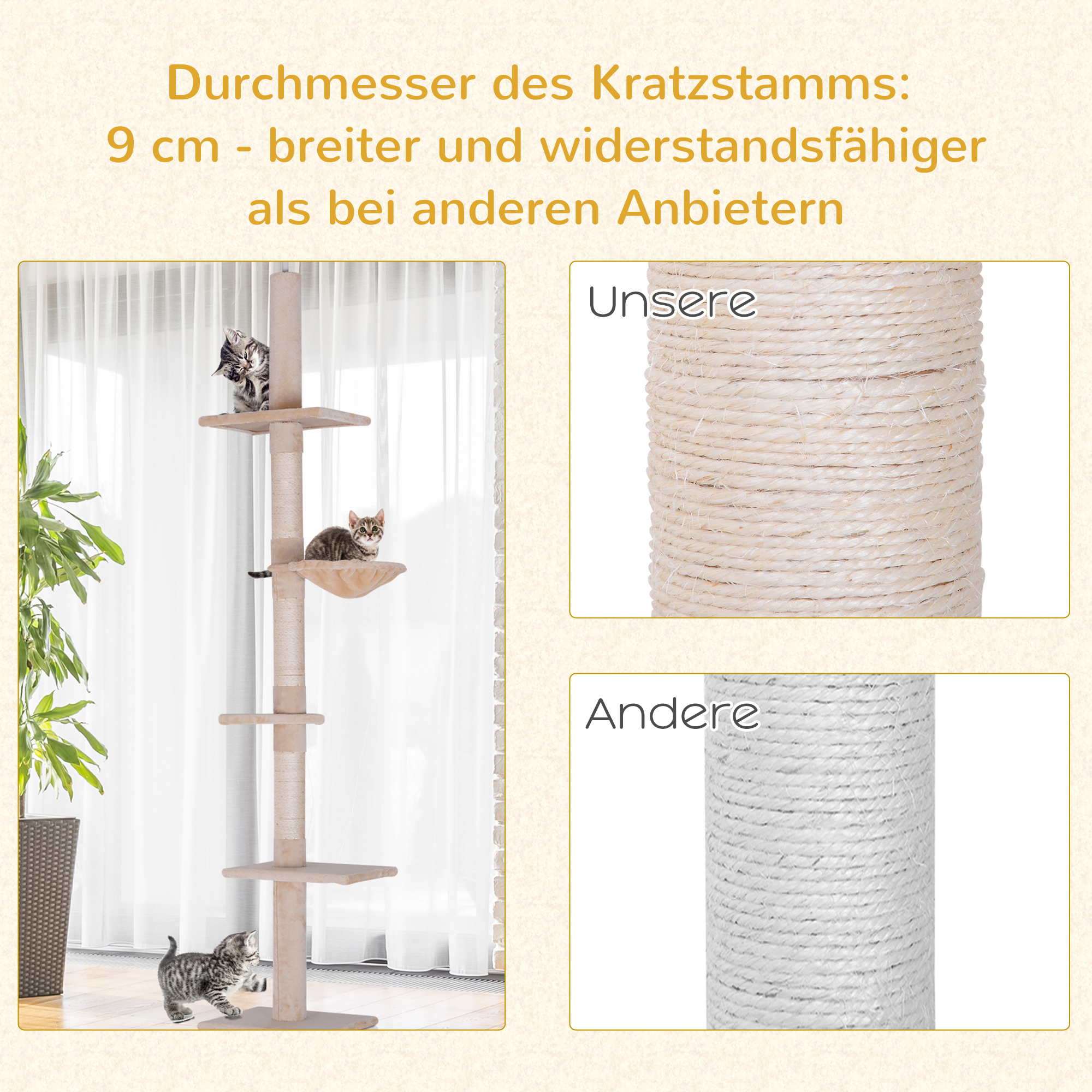 Kaabits puu laest põrandani, reguleeritava kõrgusega, beež, 40 x 34 x 230–260 cm