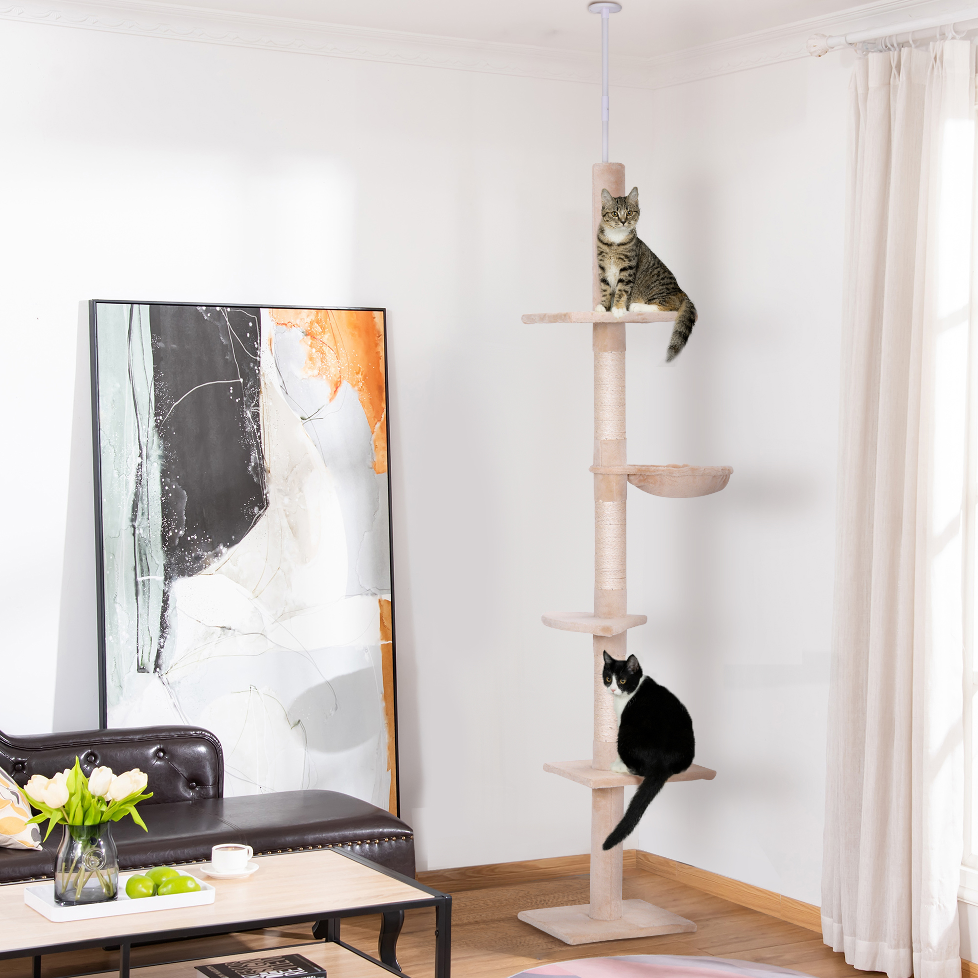 Kaabits puu laest põrandani, reguleeritava kõrgusega, beež, 40 x 34 x 230–260 cm