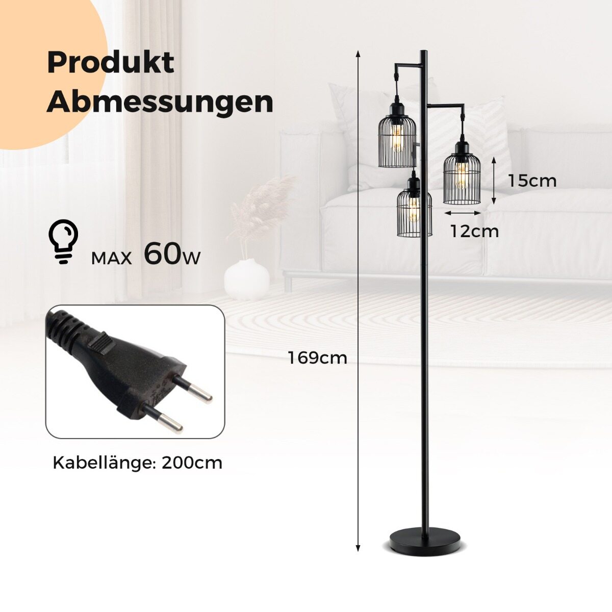 Must modernne põrandalamp 3 lambivarjuga 169 cm