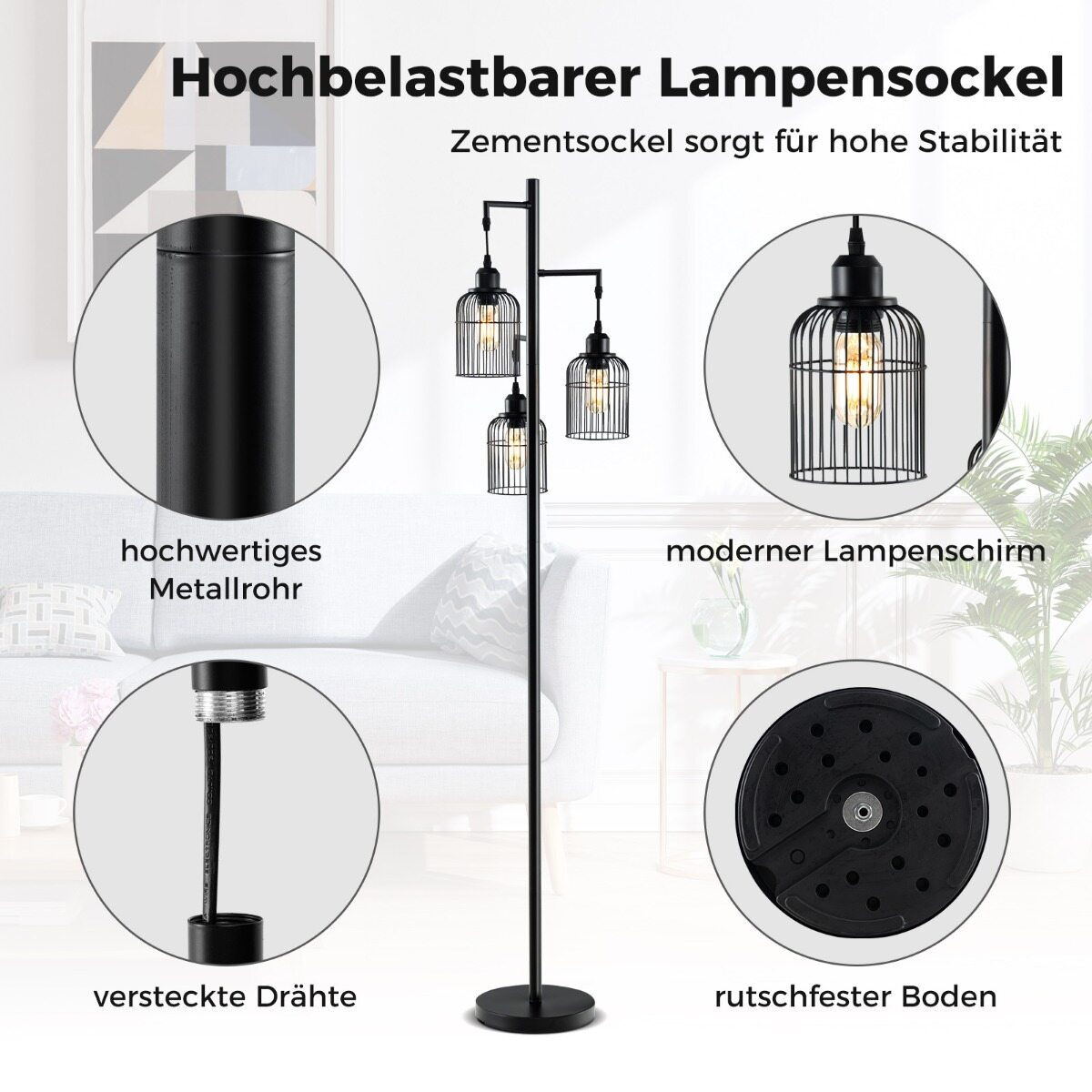 Must modernne põrandalamp 3 lambivarjuga 169 cm