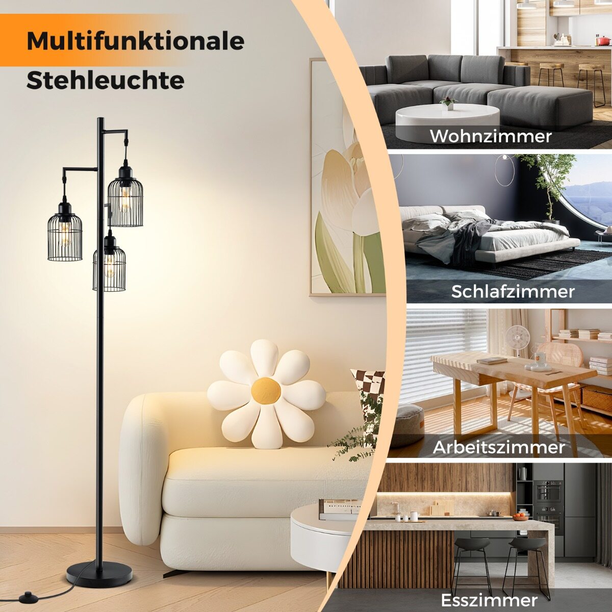 Must modernne põrandalamp 3 lambivarjuga 169 cm