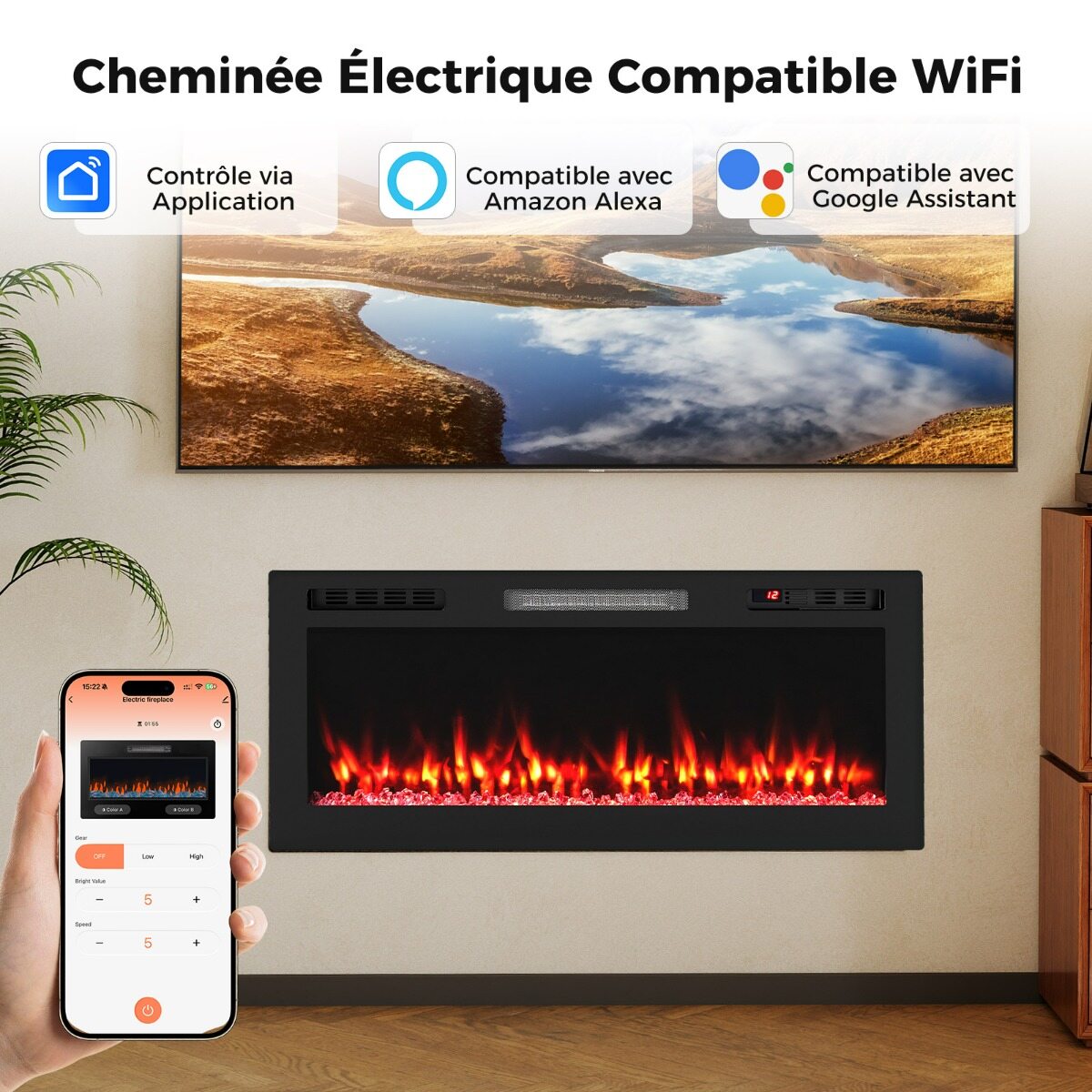 Elektrikamin Alexa ja Google’iga, 750W/1500W