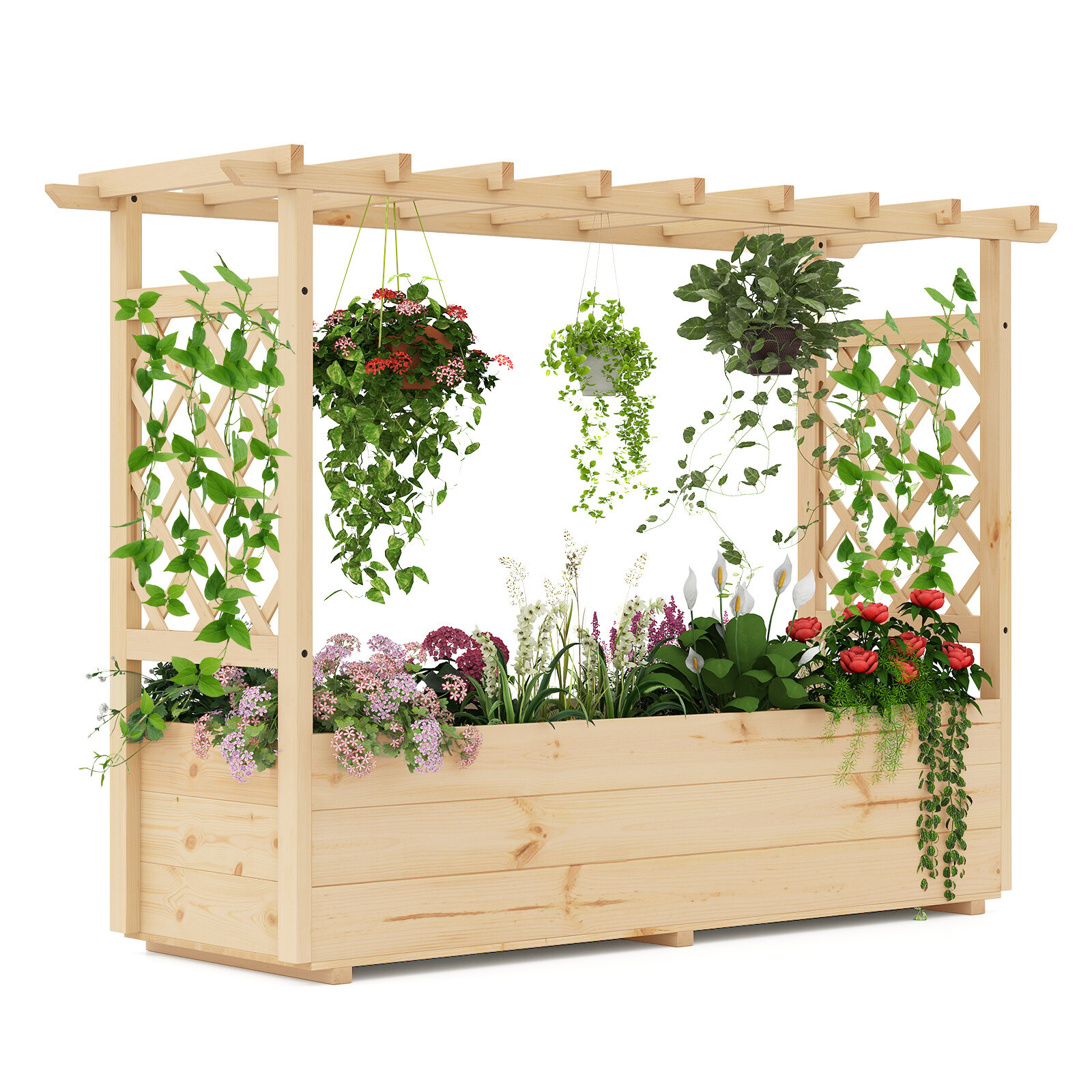 Tõstetud aiapeenar võrega ja rippkatusega, naturaalne, 148 × 50 × 103 cm
