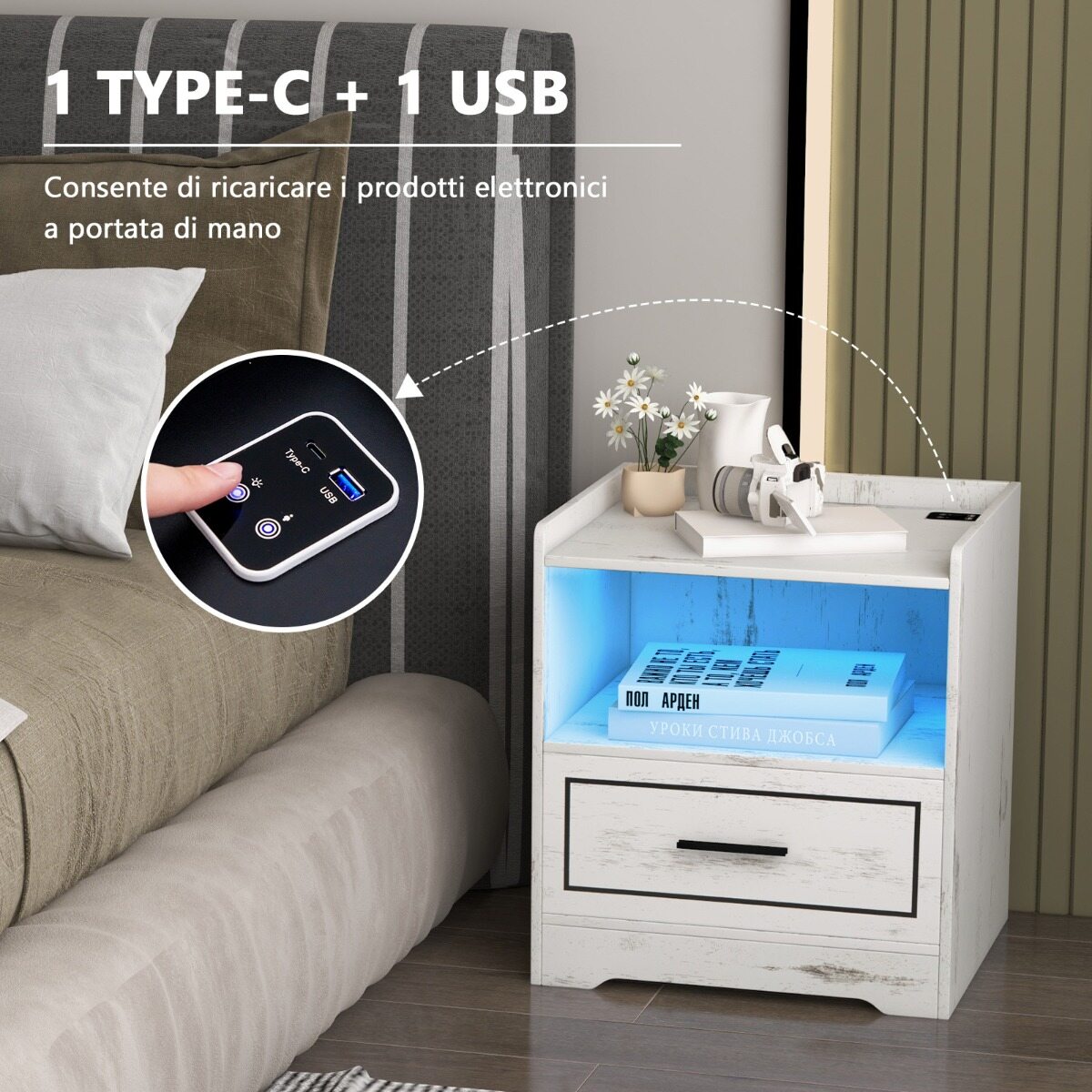 LED-öökapp 2 USB-pordiga, valge