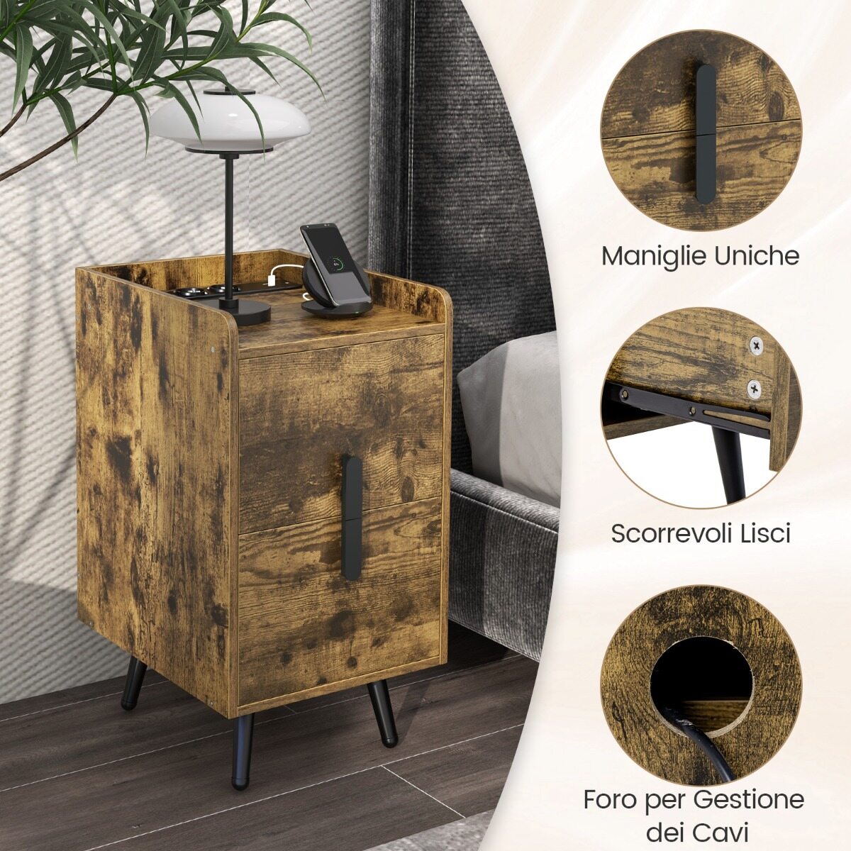 Öökapp laadimisjaamaga, kitsas 2 sahtliga öökapp USB portidega, 40 x 32 x 60 cm, rustikaalne pruun