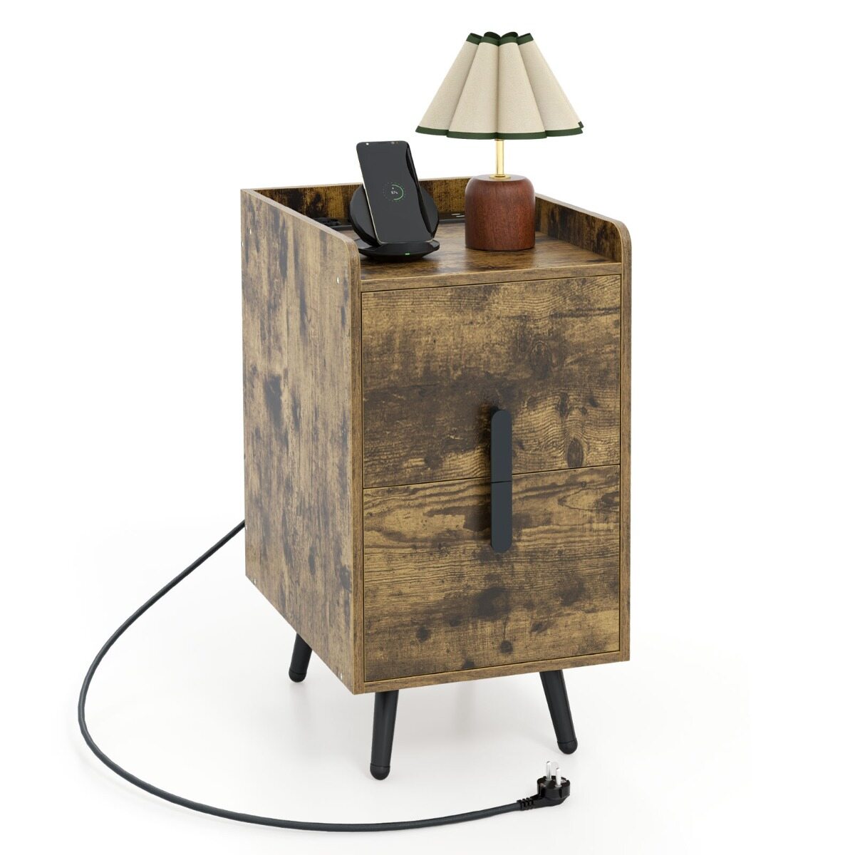Öökapp laadimisjaamaga, kitsas 2 sahtliga öökapp USB portidega, 40 x 32 x 60 cm, rustikaalne pruun