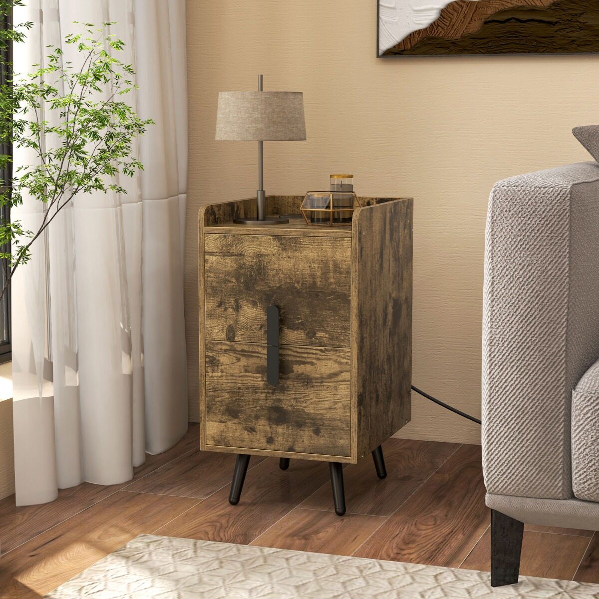Öökapp laadimisjaamaga, kitsas 2 sahtliga öökapp USB portidega, 40 x 32 x 60 cm, rustikaalne pruun