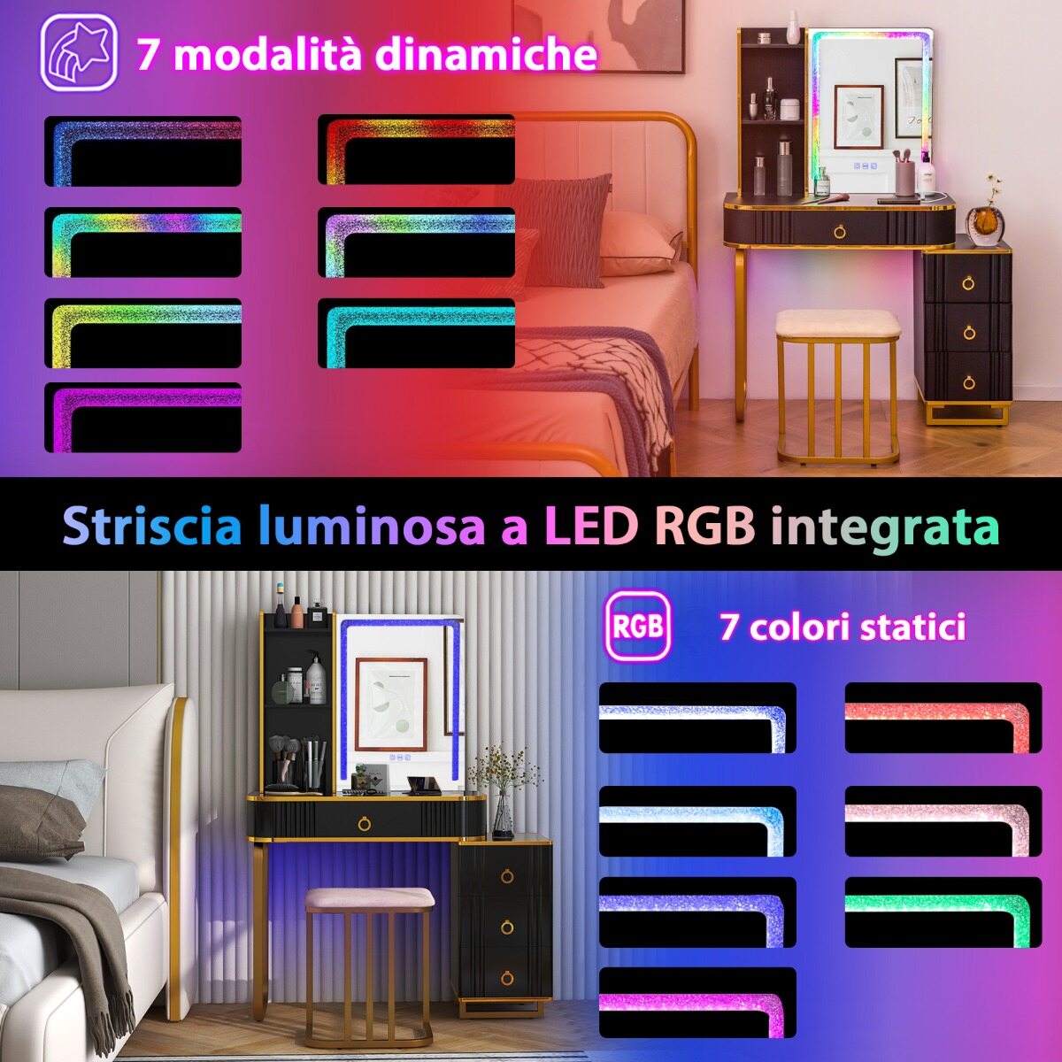 Must LED-valgustusega meigilaud 7+7 LED-režiimiga