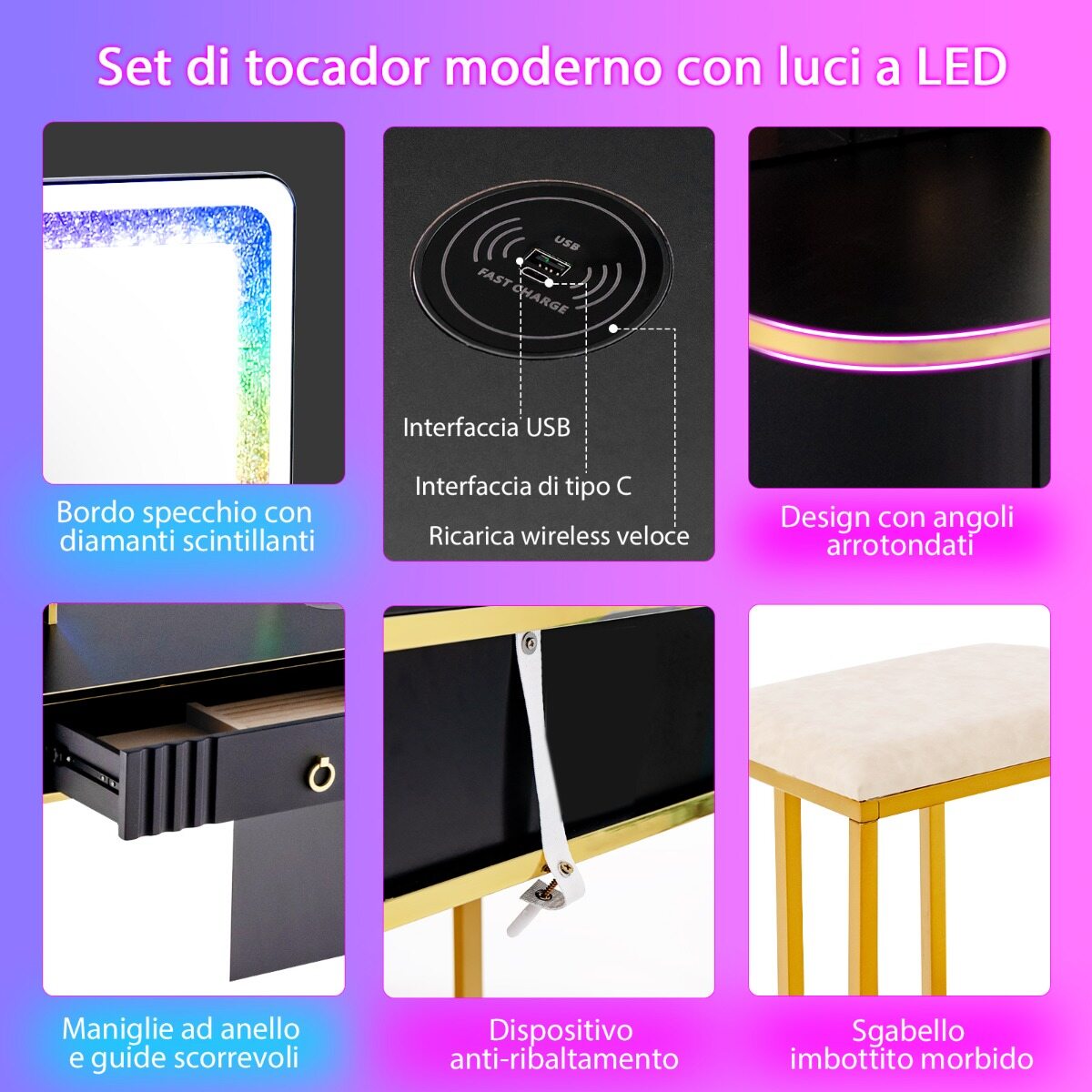 Must LED-valgustusega meigilaud 7+7 LED-režiimiga