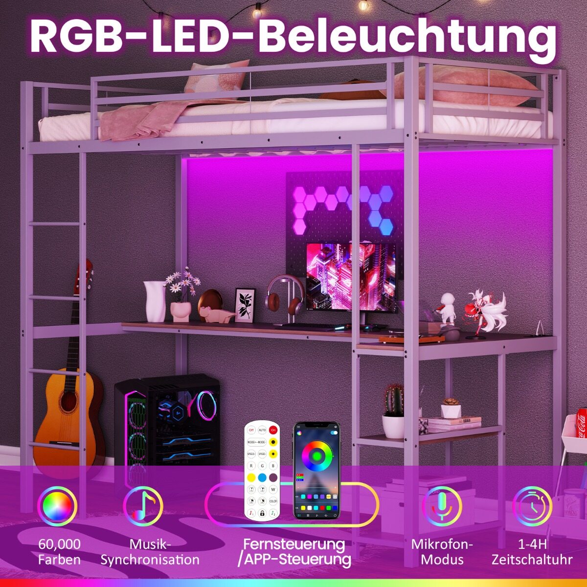 Loftruumiga voodi 200 x 90 cm, LED laadimisjaam, hoiuruum, turvapiire ja redel, hõbedane