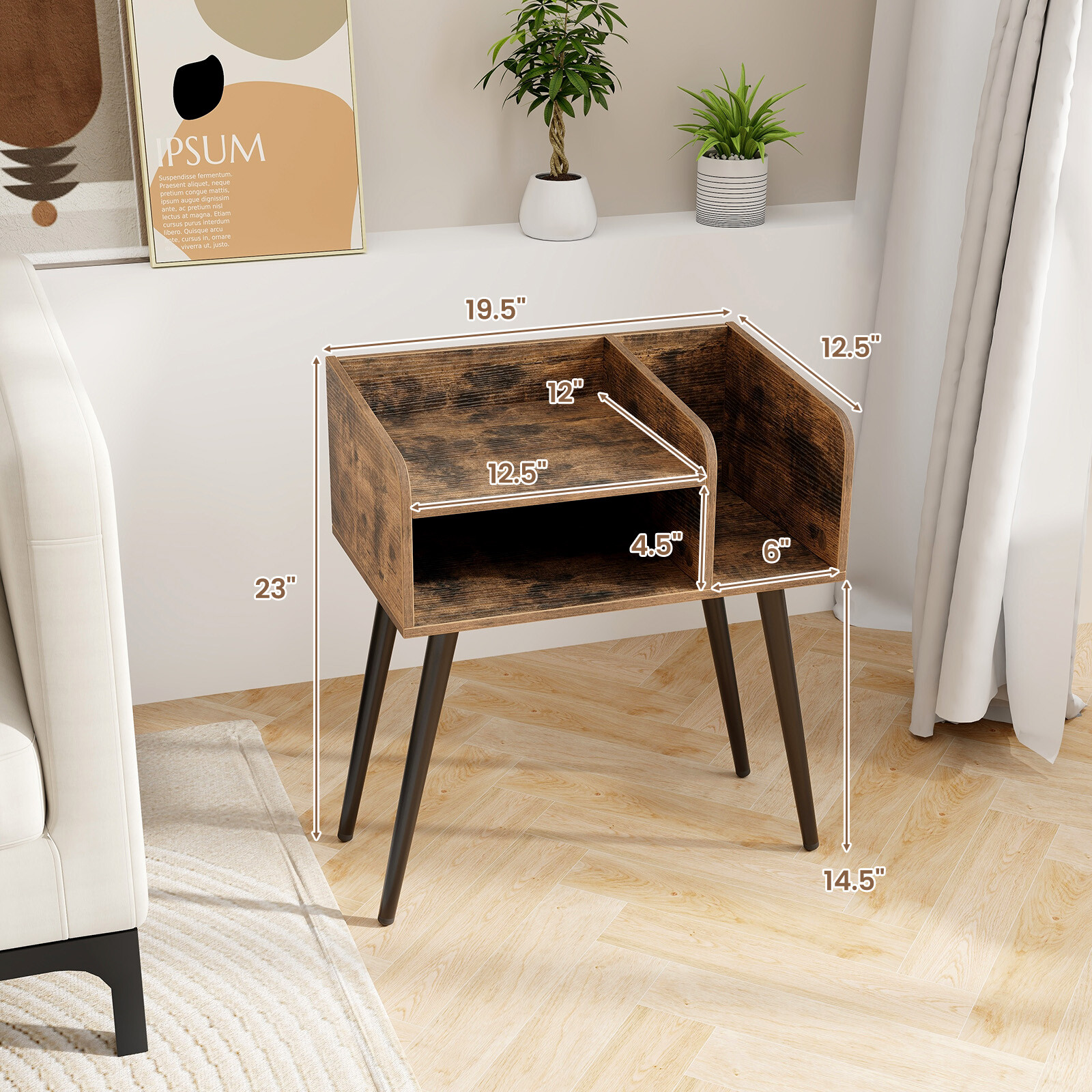 Keskmise sajandi öökapp avatud riiulitega Rustic Brown