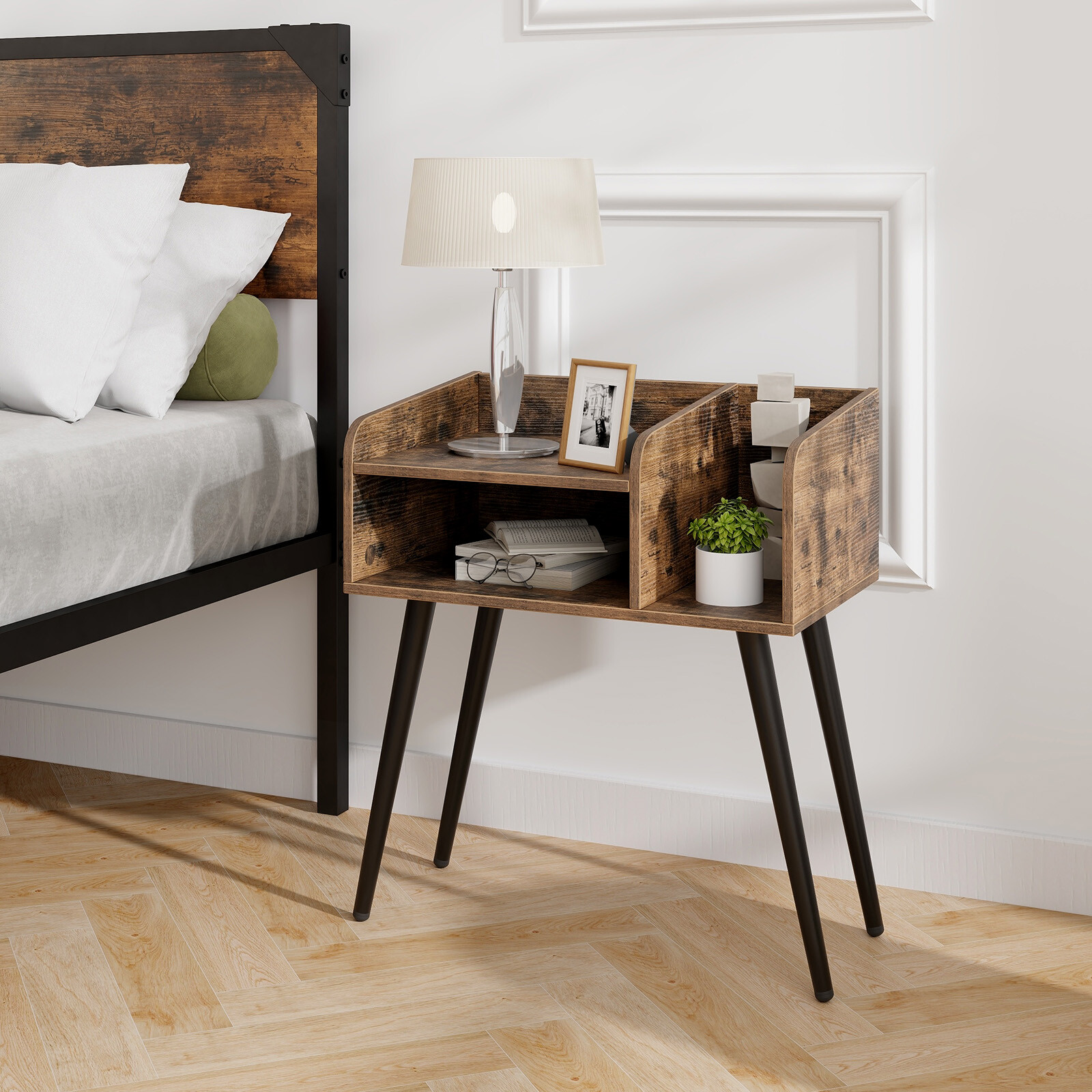 Keskmise sajandi öökapp avatud riiulitega Rustic Brown
