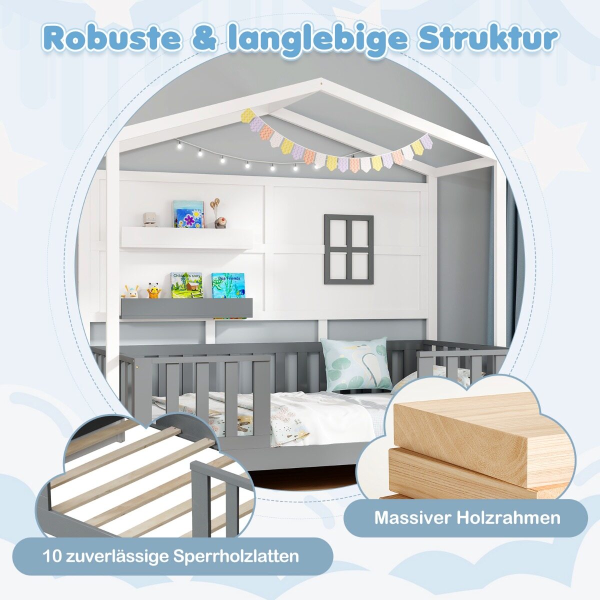 Laste puidust majakujuline voodi akna, riiulite ja kaitseraamiga valge-hall