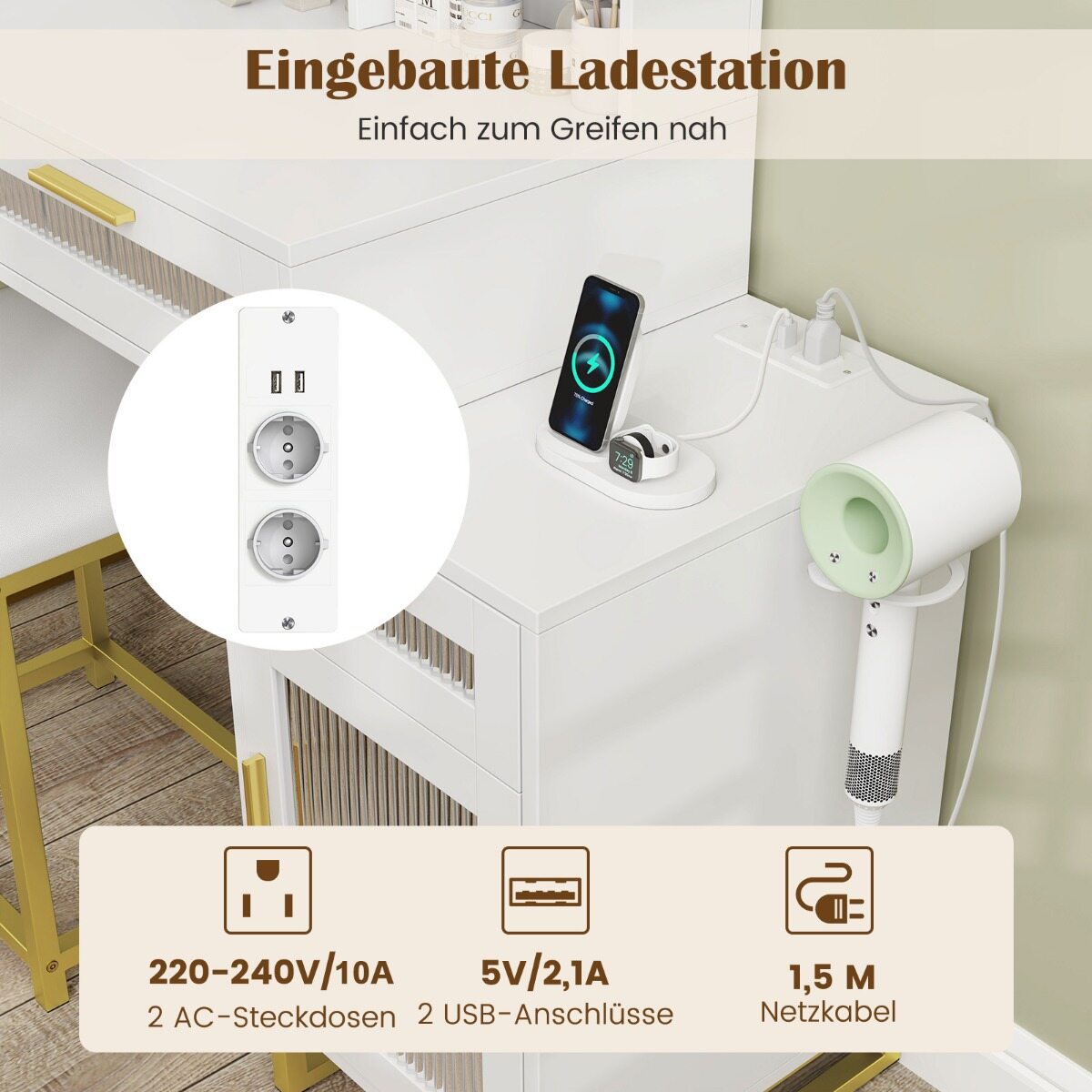 Meigilaud LED-valgustuse ja tooliga kuldvalge