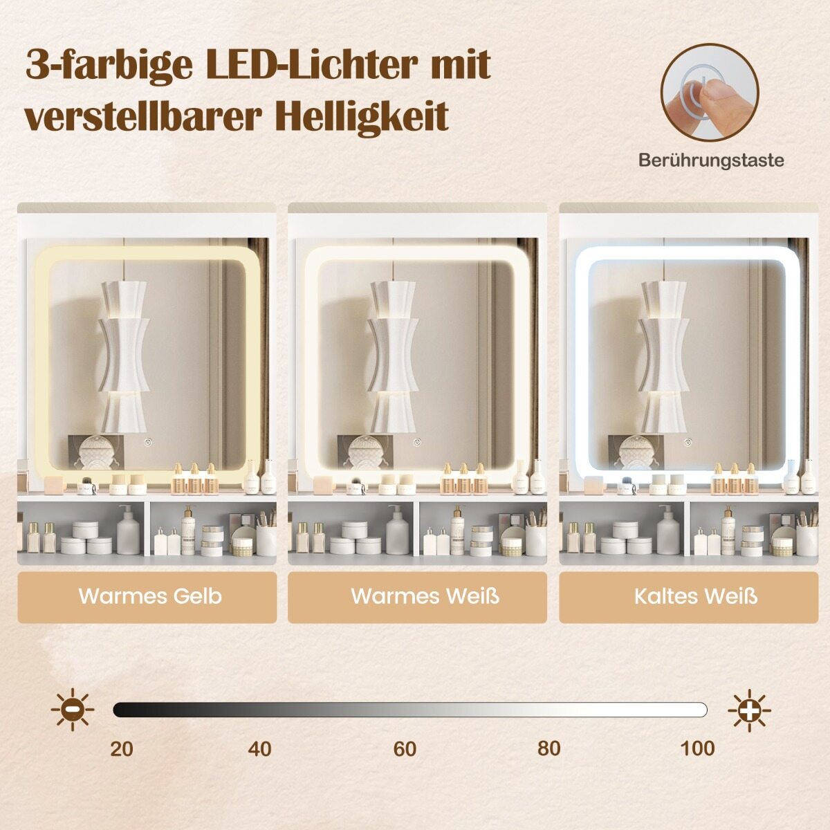 Meigilaud LED-valgustuse ja tooliga kuldvalge