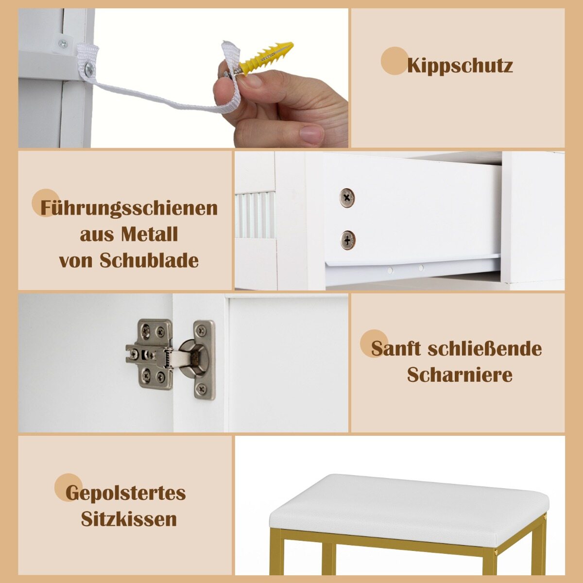 Meigilaud LED-valgustuse ja tooliga kuldvalge