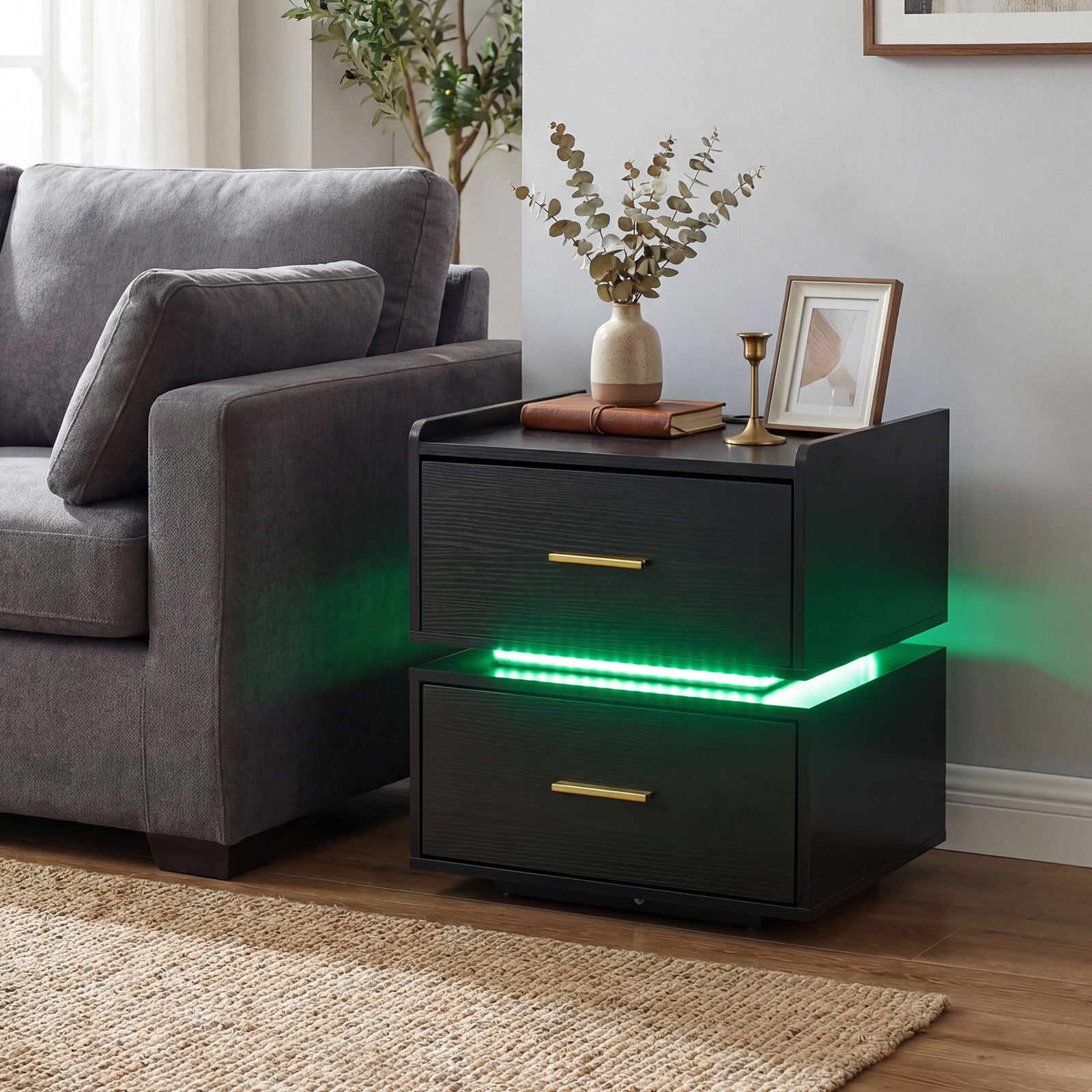 Öökapp LED-valgustuse ja laadijaga, 2 sahtlit, must