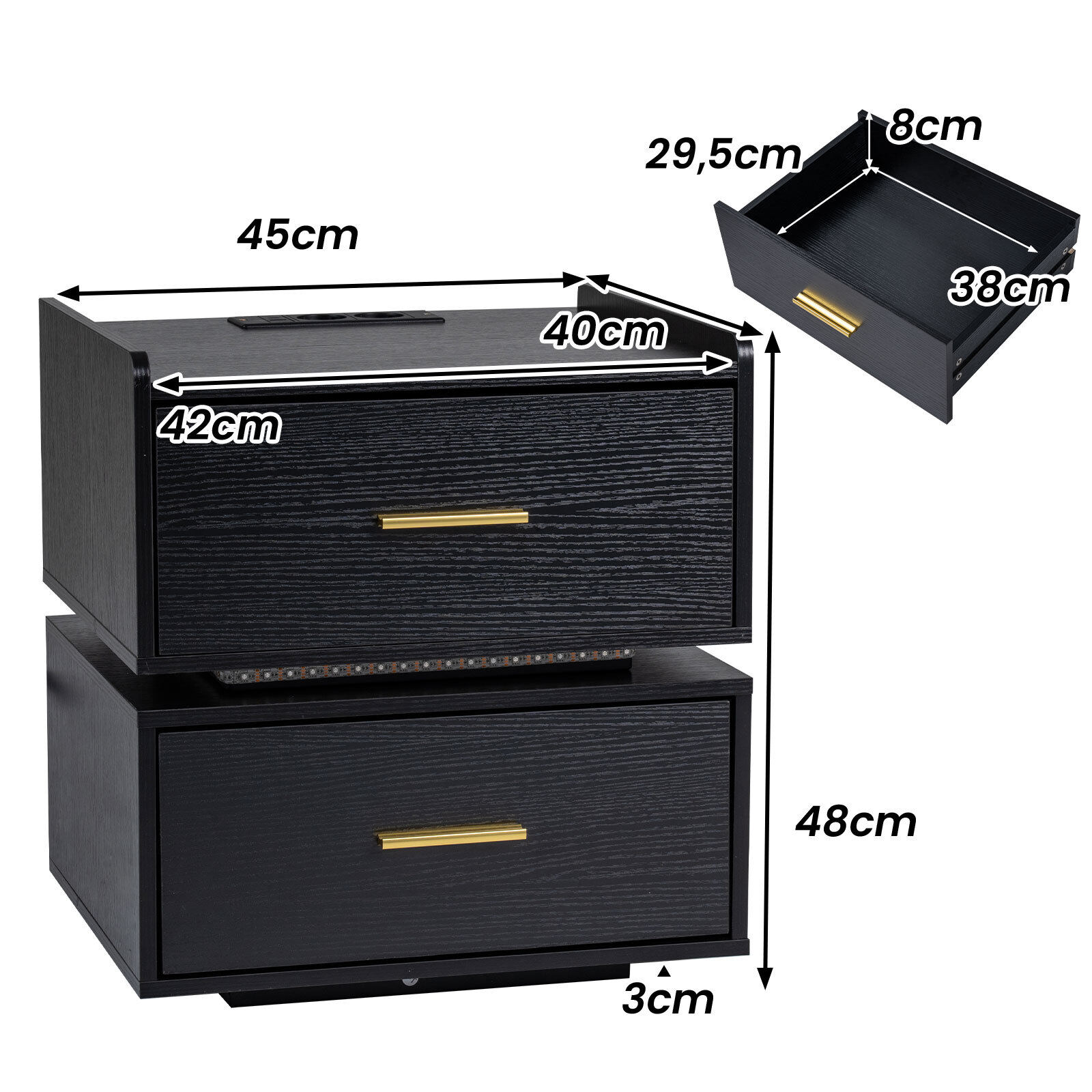 Öökapp LED-valgustuse ja laadijaga, 2 sahtlit, must