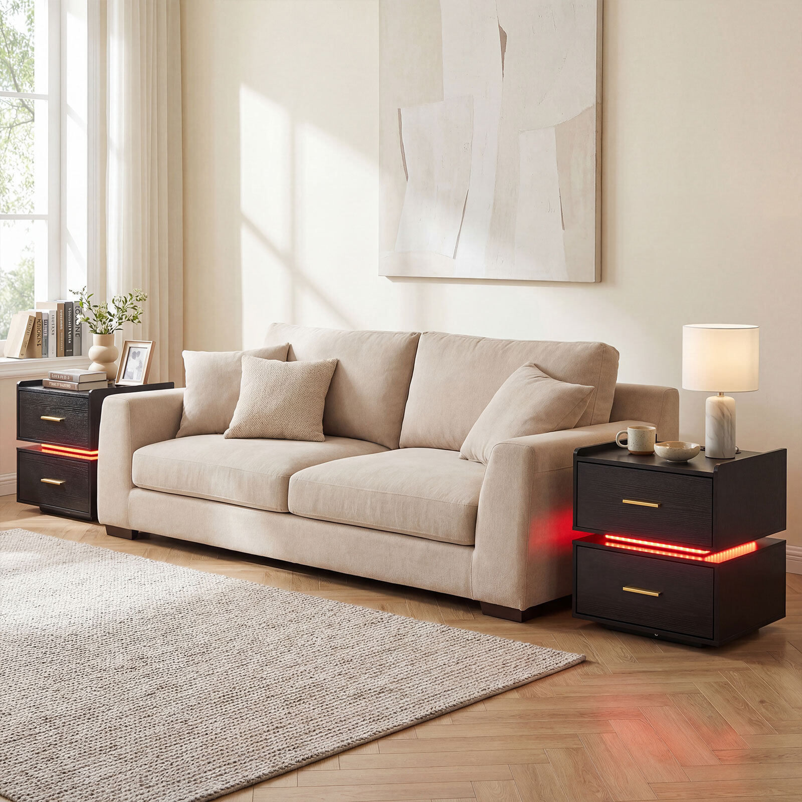 Öökapp LED-valgustuse ja laadijaga, 2 sahtlit, must