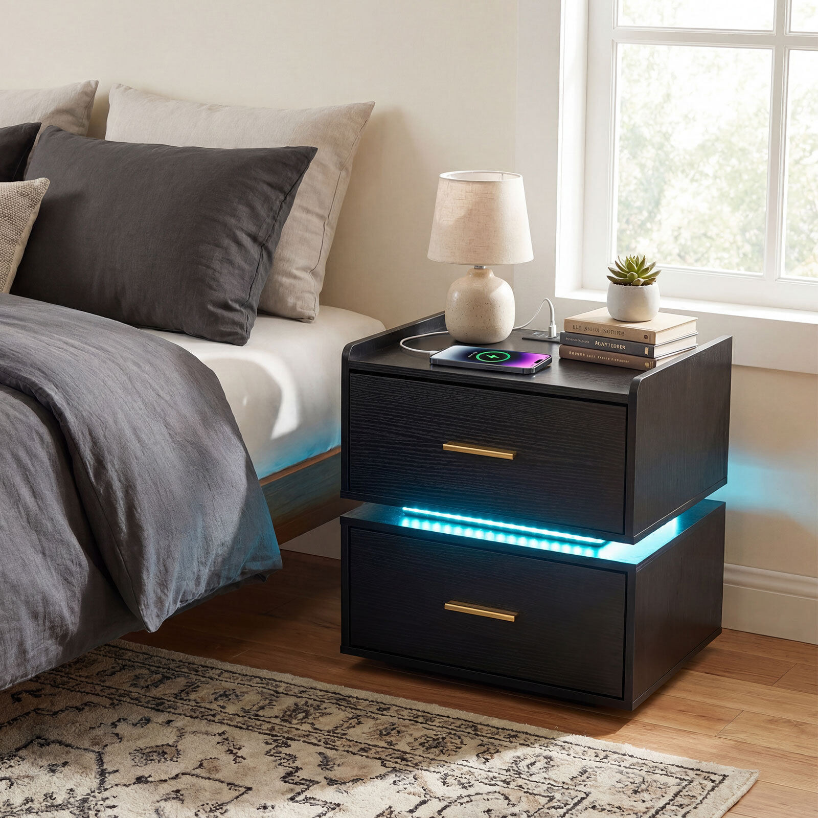 Öökapp LED-valgustuse ja laadijaga, 2 sahtlit, must