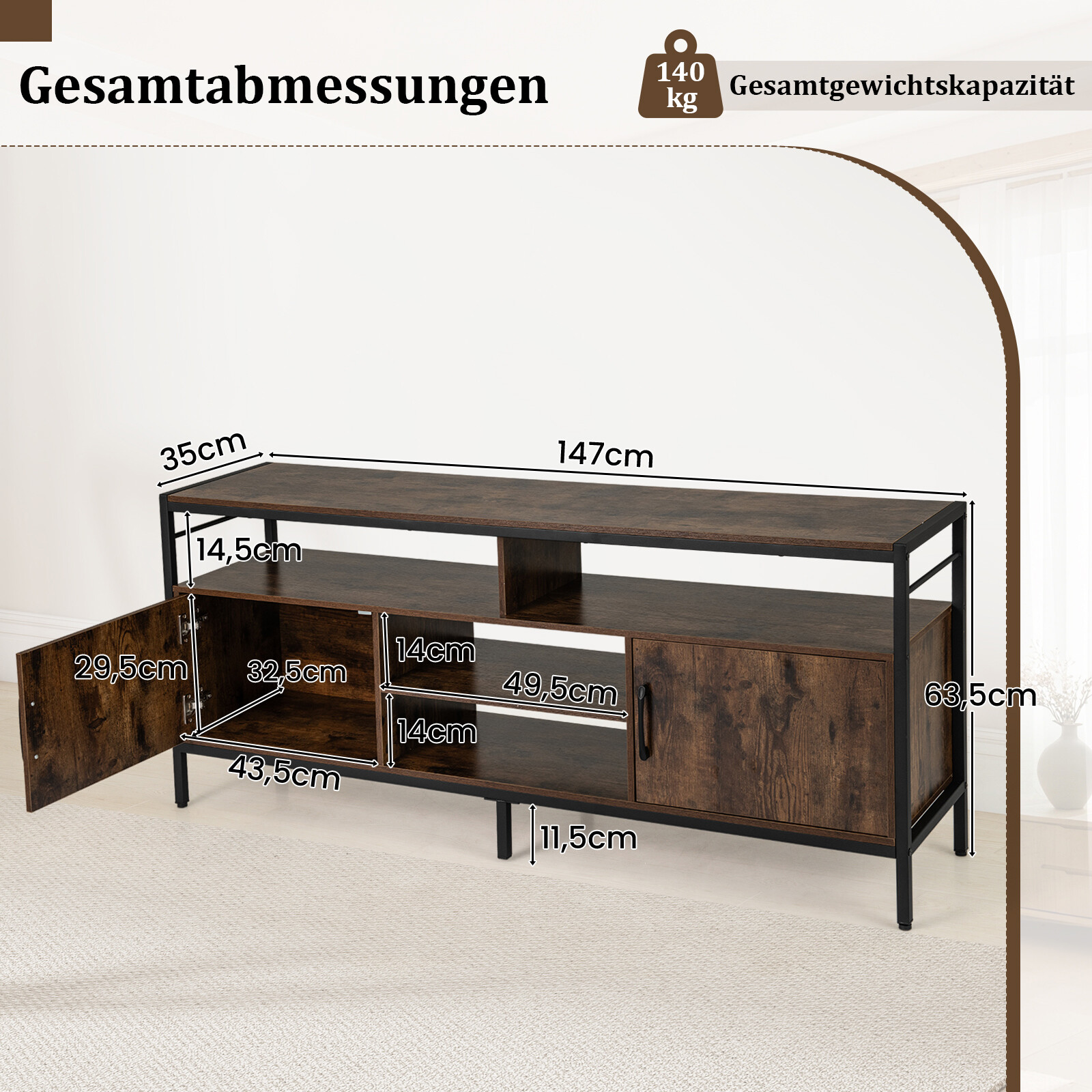 TV-alus 65″ telerile, 2 kapiga, 4 avatud riiuliga, pruun