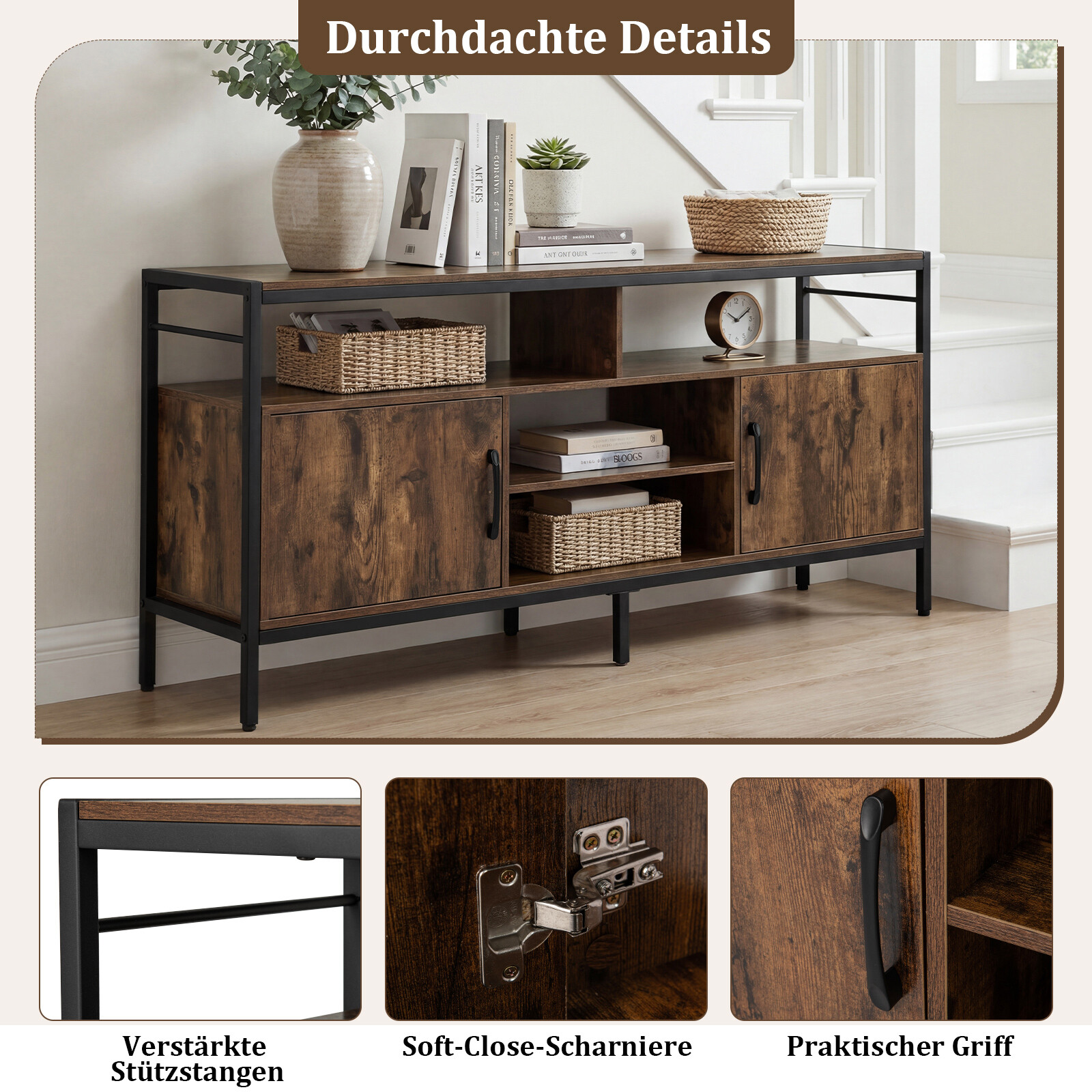 TV-alus 65″ telerile, 2 kapiga, 4 avatud riiuliga, pruun
