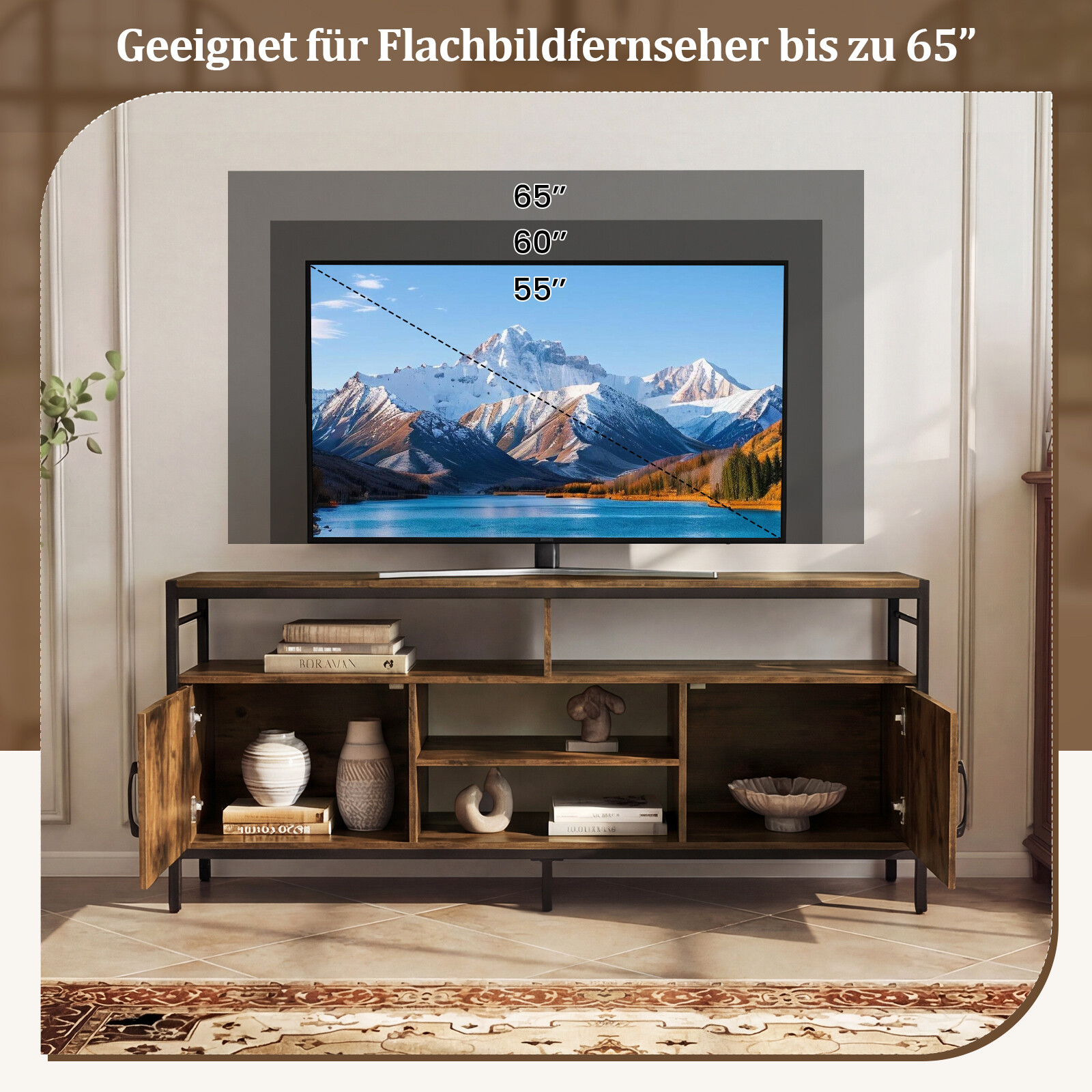 TV-alus 65″ telerile, 2 kapiga, 4 avatud riiuliga, pruun