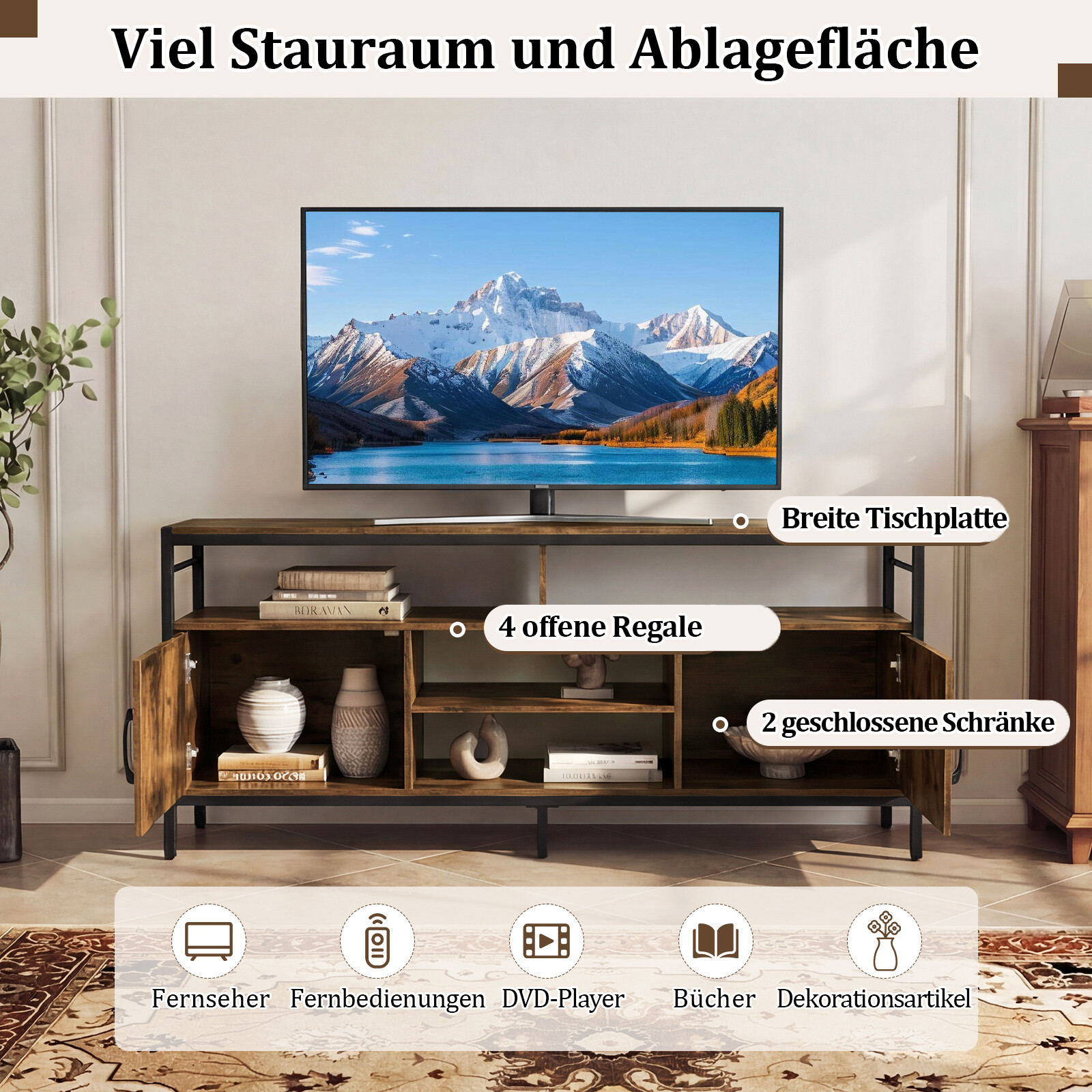 TV-alus 65″ telerile, 2 kapiga, 4 avatud riiuliga, pruun