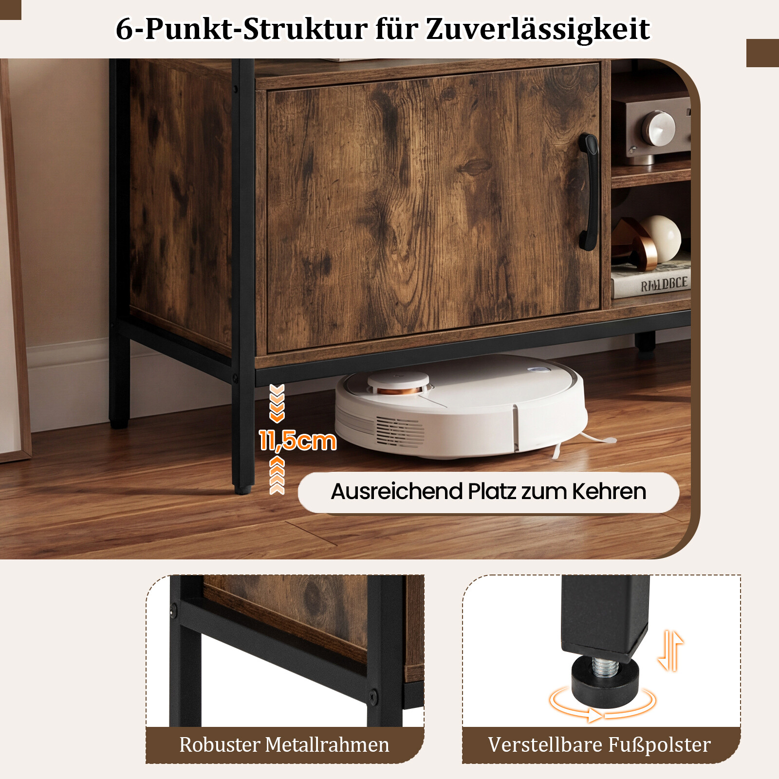 TV-alus 65″ telerile, 2 kapiga, 4 avatud riiuliga, pruun